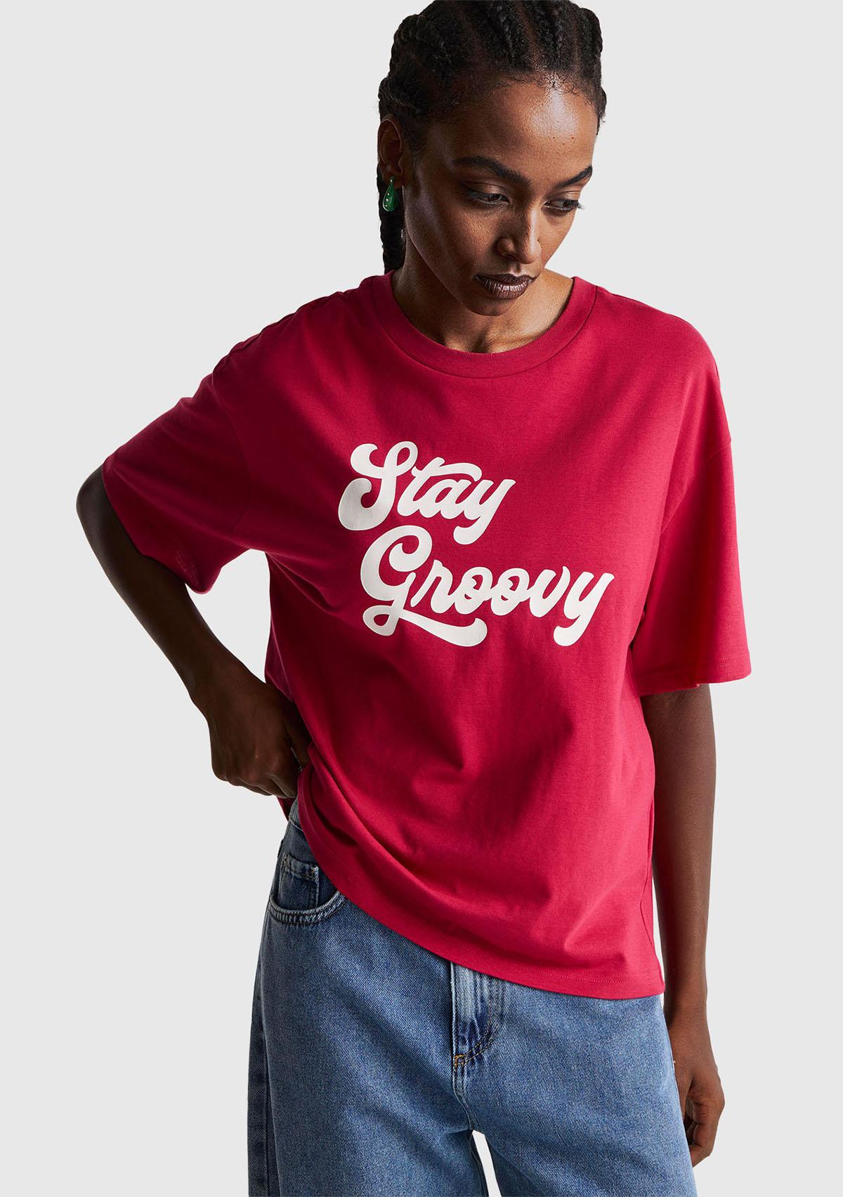 Kadın Fuşya %100 Pamuk Önü Yazı Baskılı Bisiklet Yaka T-Shirt
