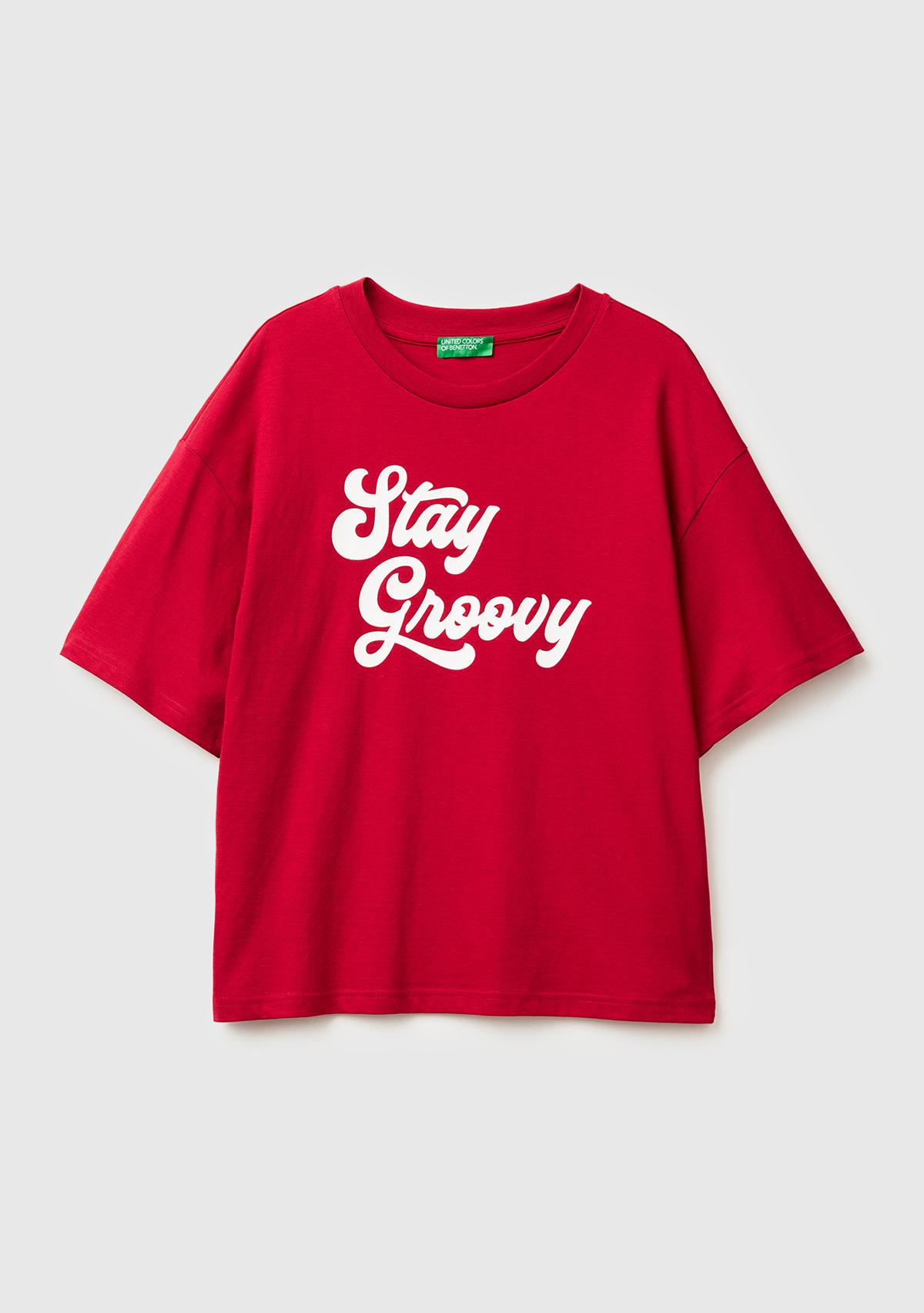 Kadın Fuşya %100 Pamuk Önü Yazı Baskılı Bisiklet Yaka T-Shirt