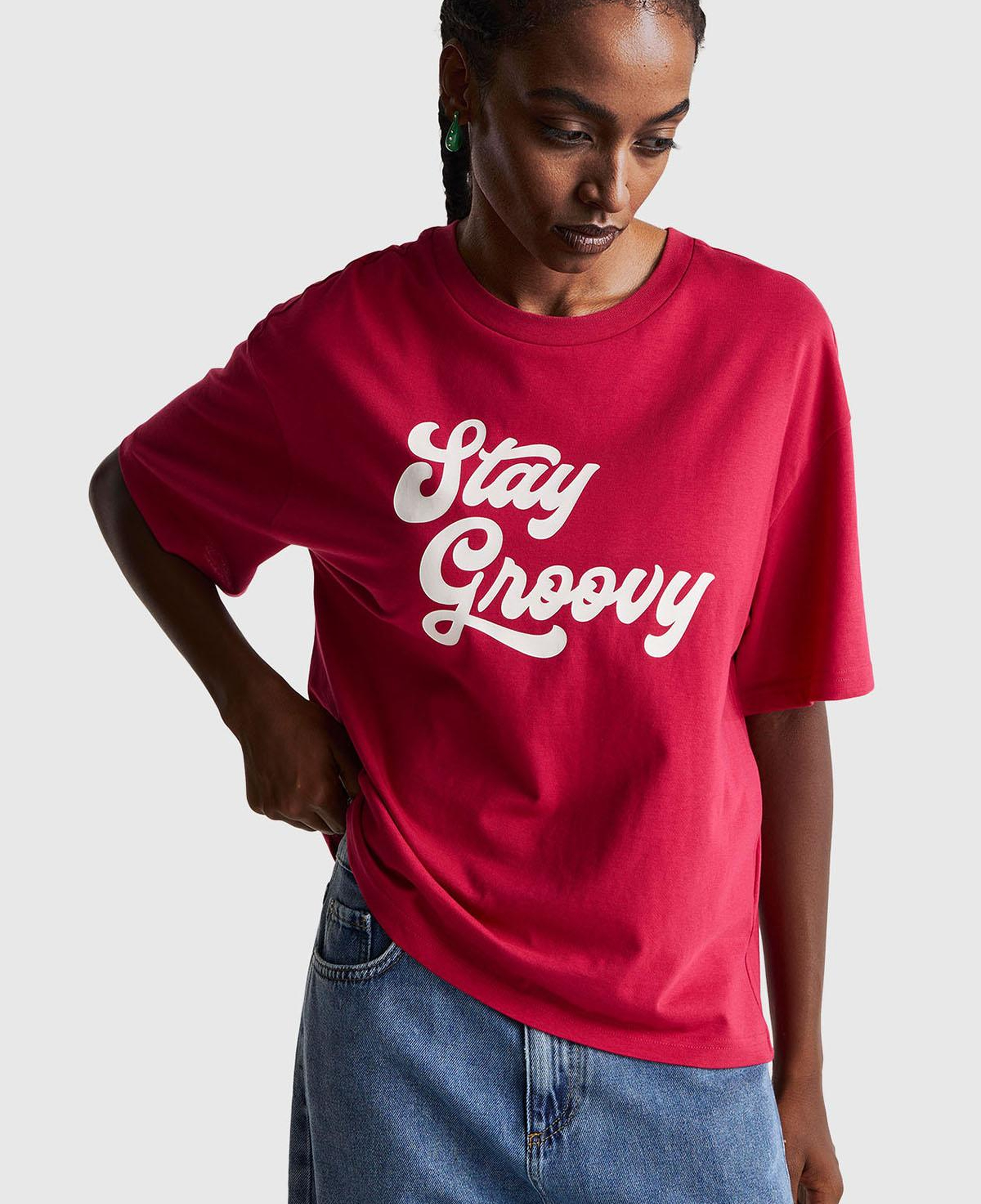 Kadın Fuşya %100 Pamuk Önü Yazı Baskılı Bisiklet Yaka T-Shirt