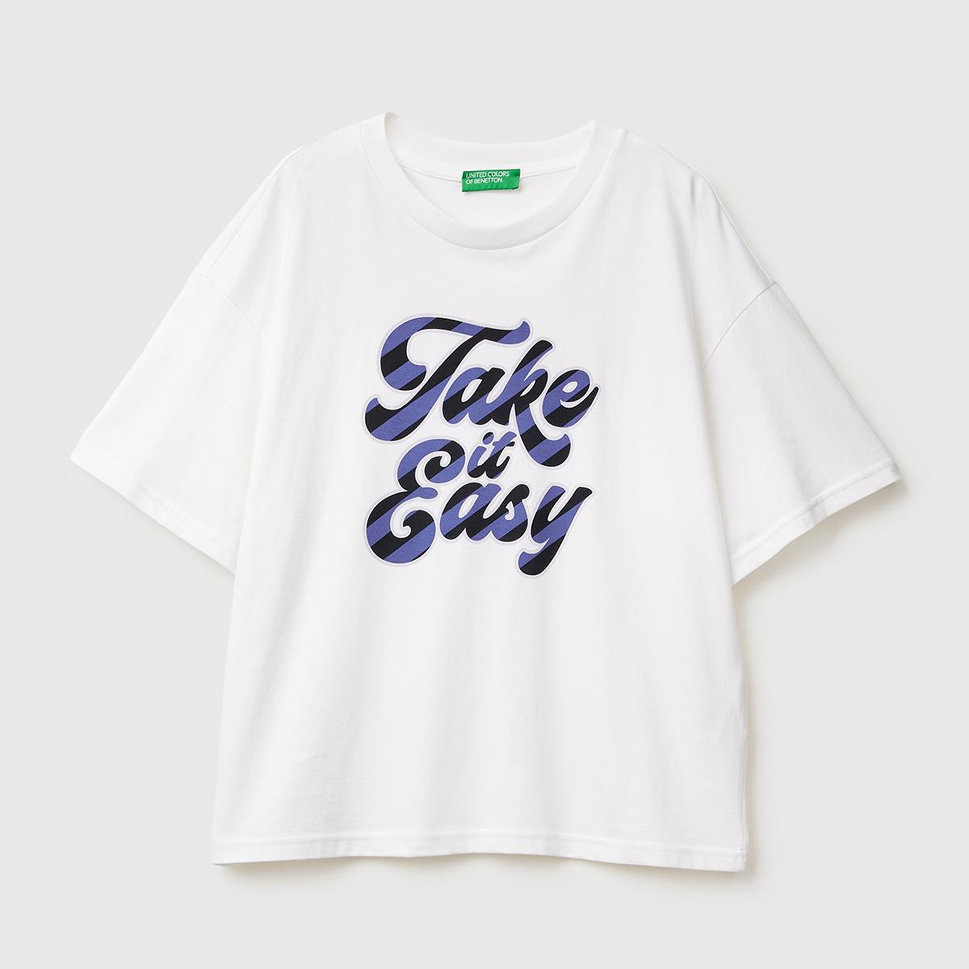 Kadın Beyaz-Mavi Yazılı %100 Pamuk Önü Yazı Baskılı Bisiklet Yaka T-Shirt