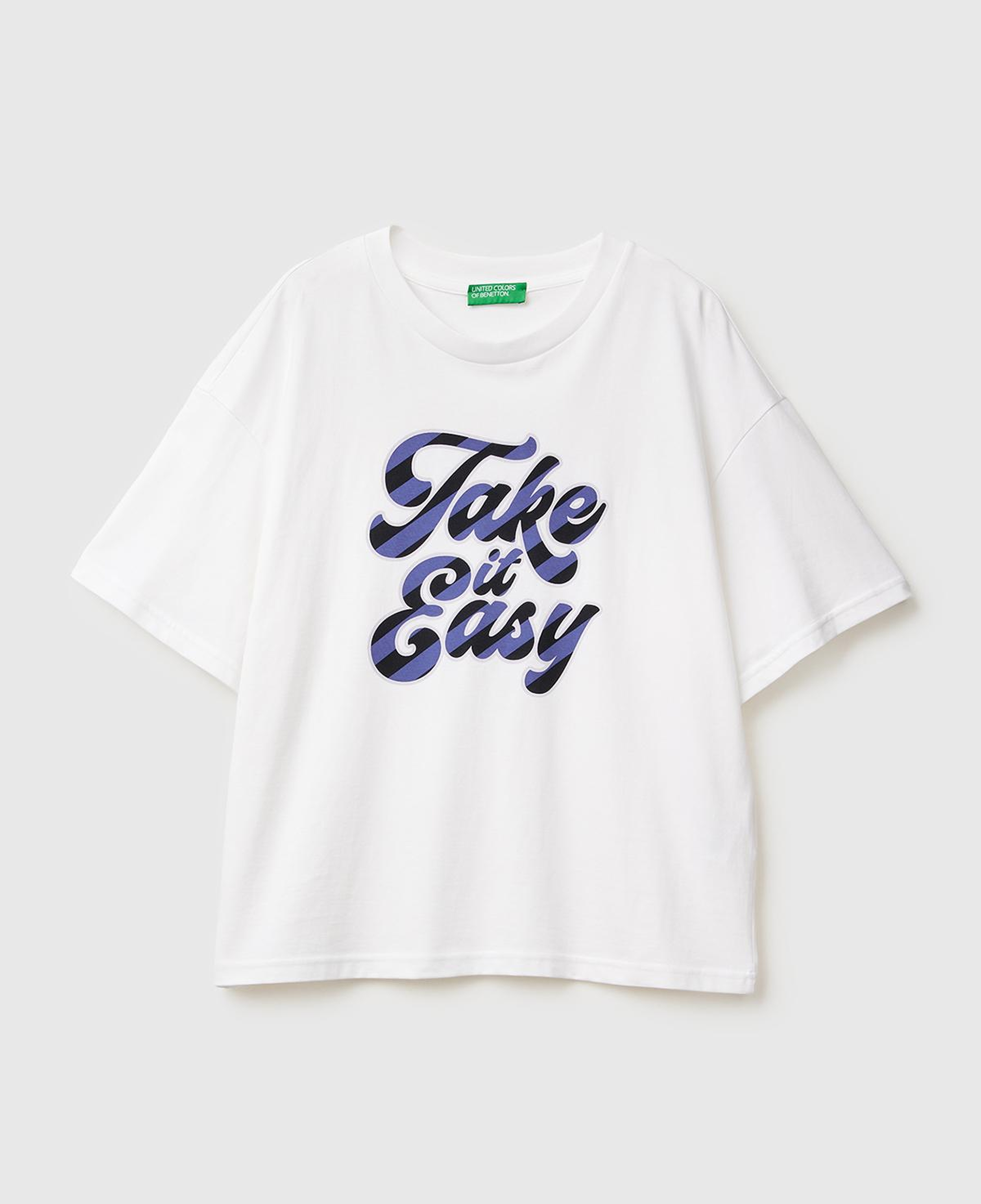 Kadın Beyaz-Mavi Yazılı %100 Pamuk Önü Yazı Baskılı Bisiklet Yaka T-Shirt