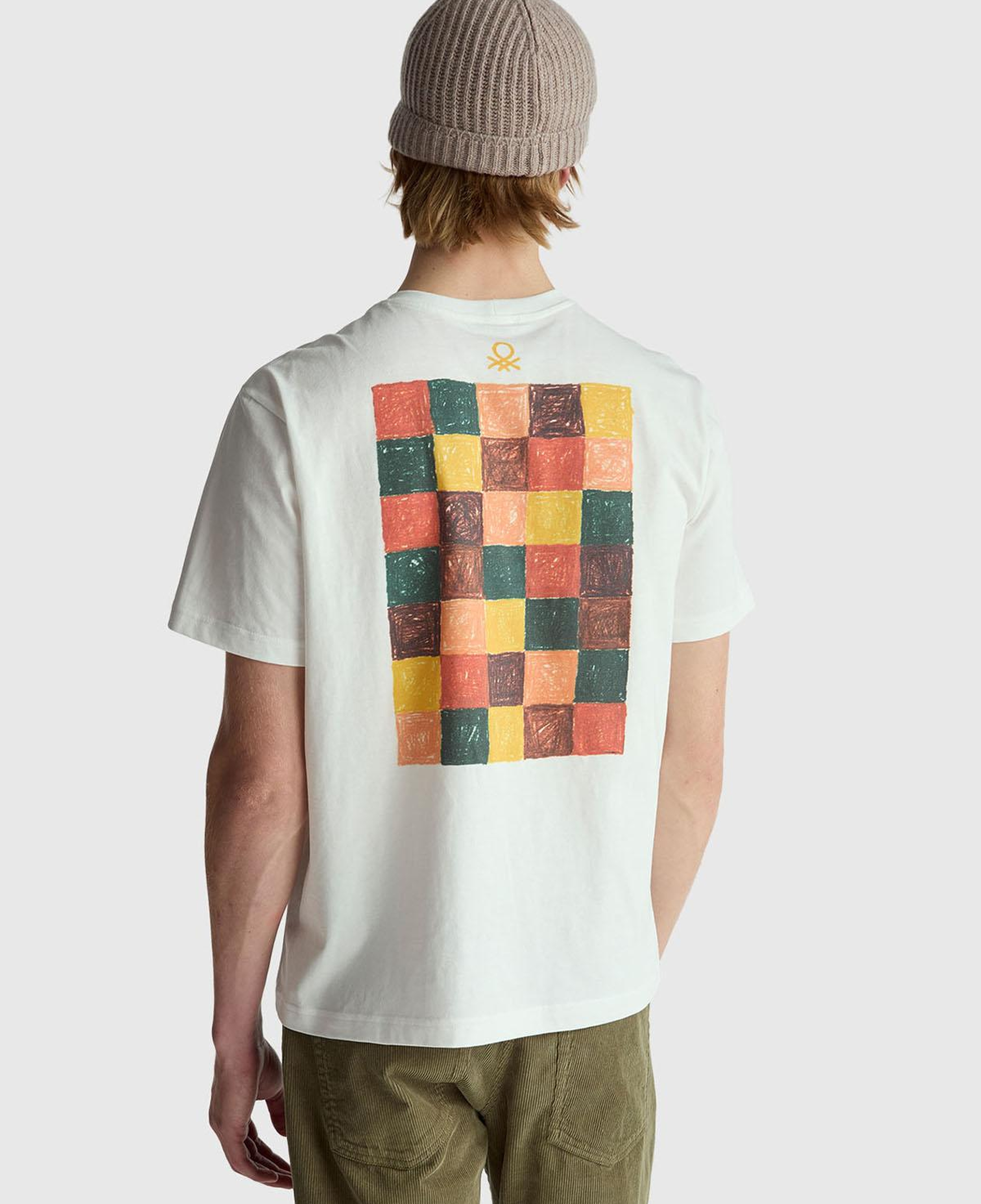 Erkek Krem %100 Pamuk Önü ve Arkası Baskılı Logo Detaylı T-Shirt