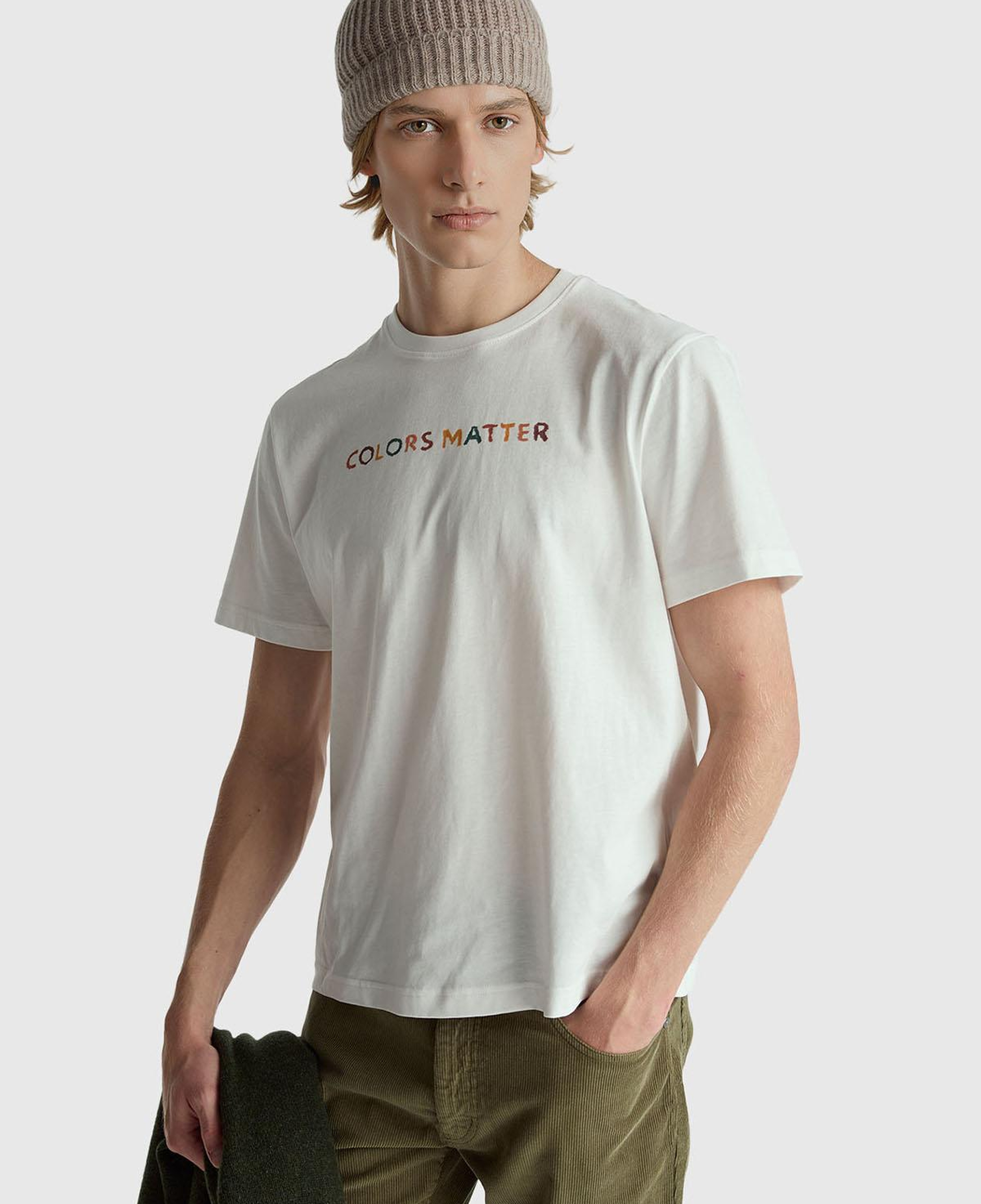 Erkek Krem %100 Pamuk Önü ve Arkası Baskılı Logo Detaylı T-Shirt