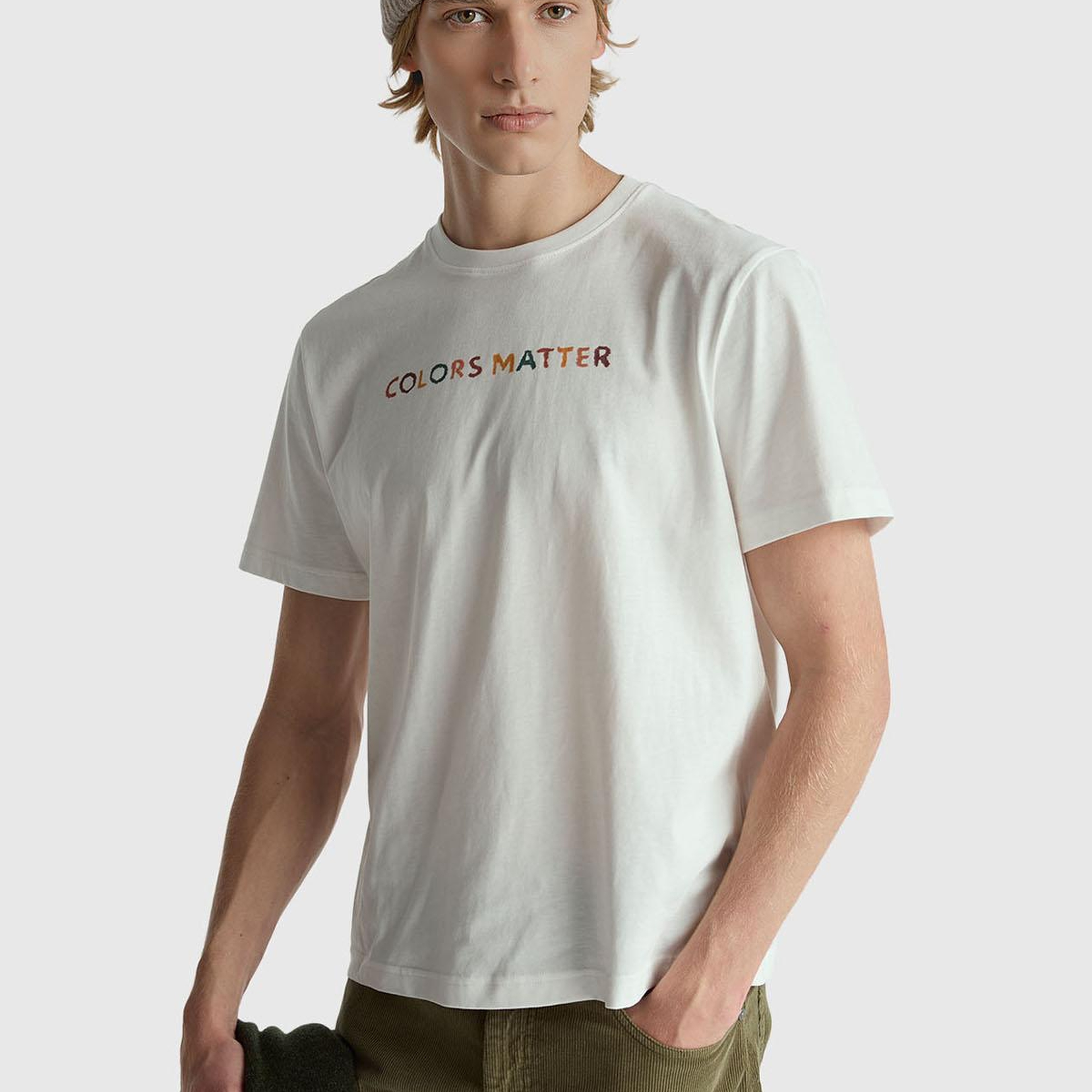 Erkek Krem %100 Pamuk Önü ve Arkası Baskılı Logo Detaylı T-Shirt