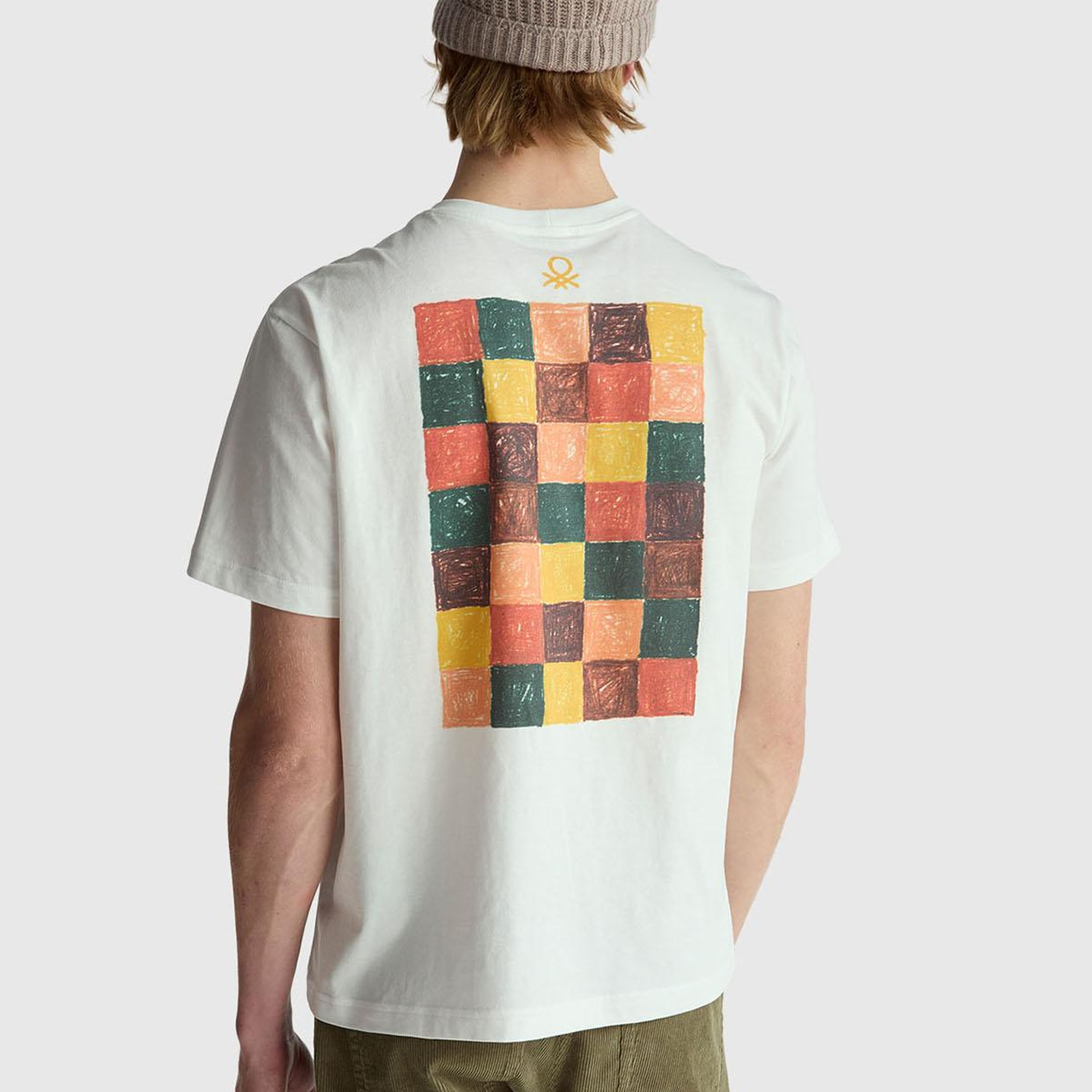 Erkek Krem %100 Pamuk Önü ve Arkası Baskılı Logo Detaylı T-Shirt