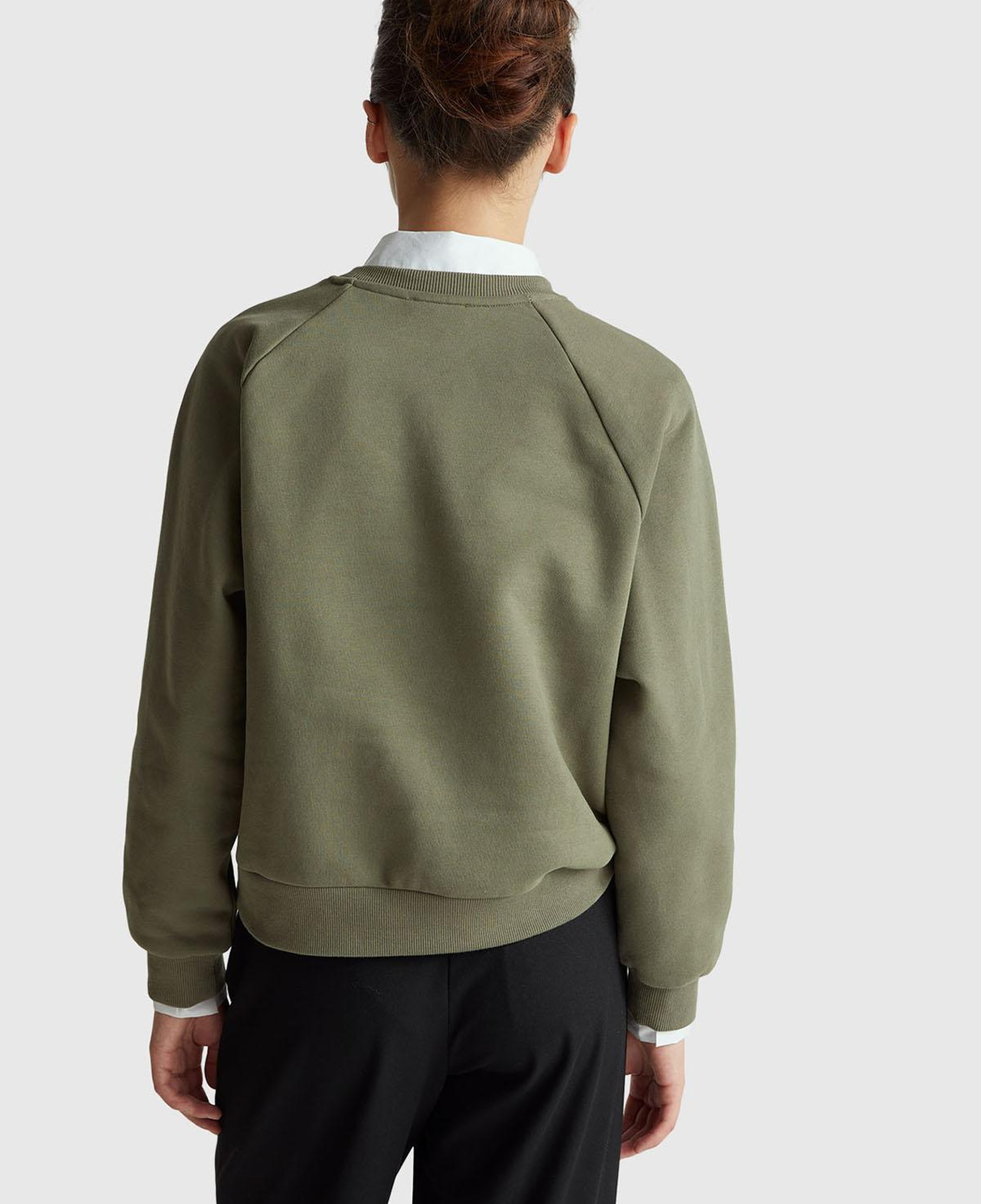 Kadın Haki Pamuk Karışımlı Önü Çiçek Desenli Bisiklet Yaka Sweatshirt