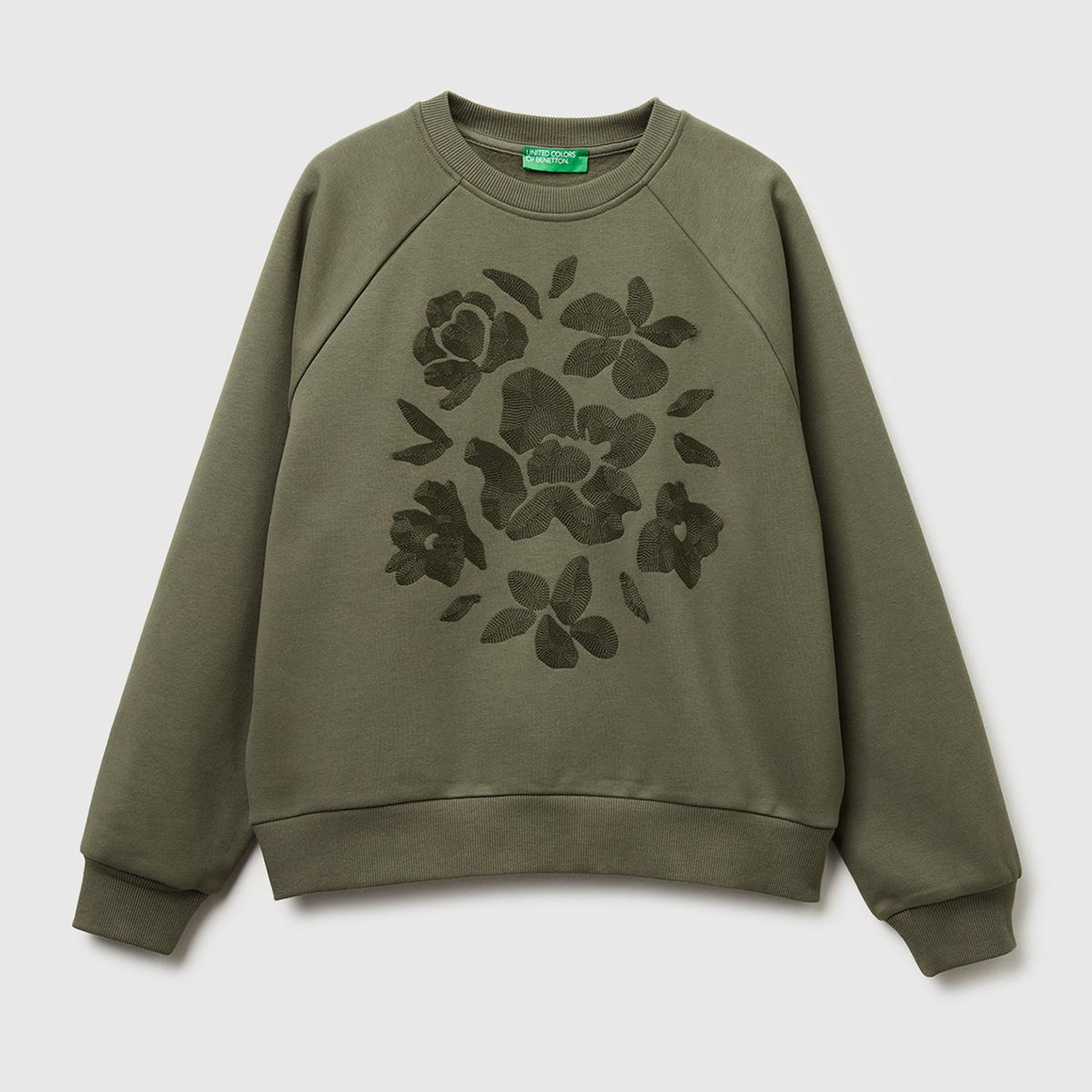 Kadın Haki Pamuk Karışımlı Önü Çiçek Desenli Bisiklet Yaka Sweatshirt