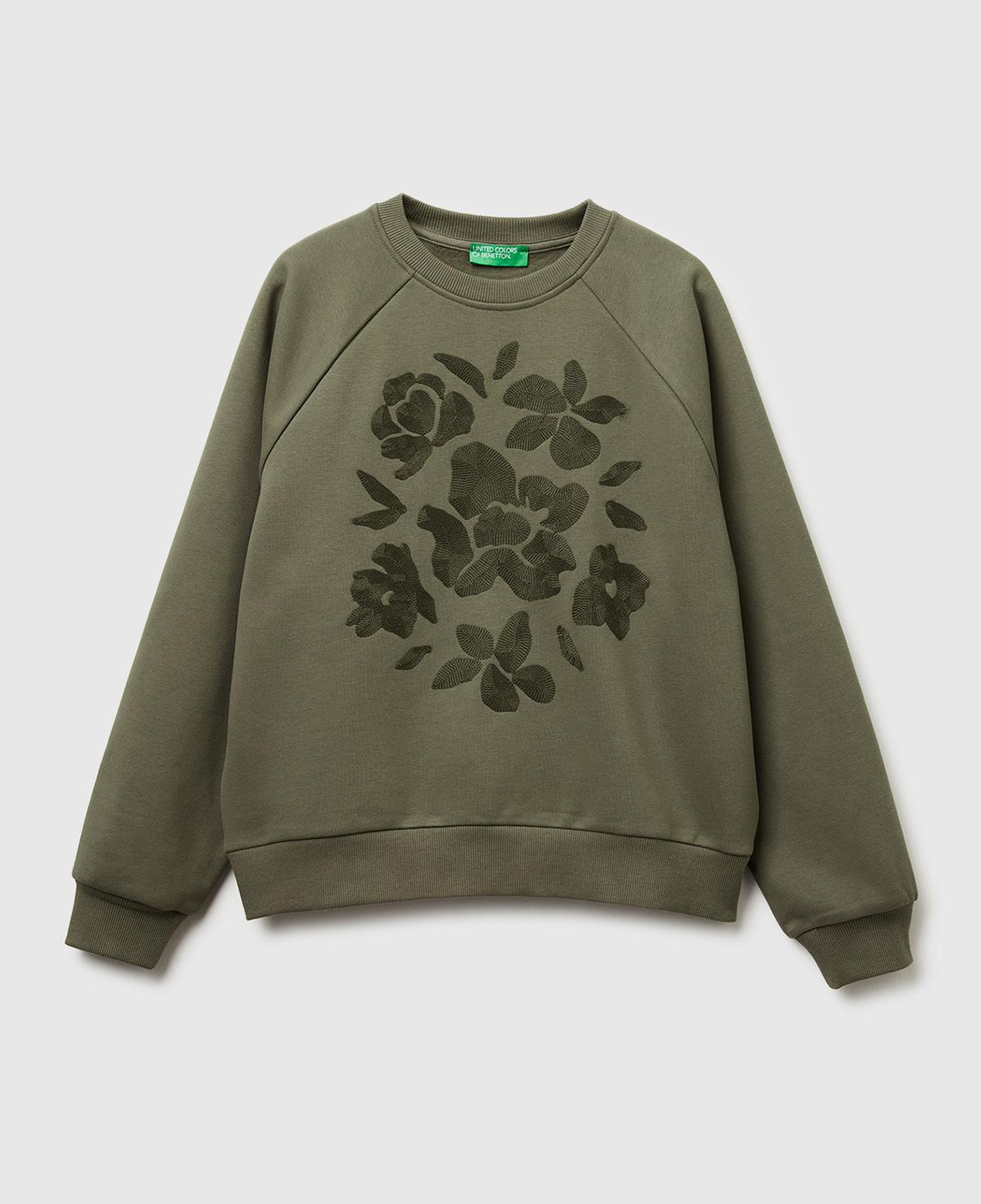 Kadın Haki Pamuk Karışımlı Önü Çiçek Desenli Bisiklet Yaka Sweatshirt