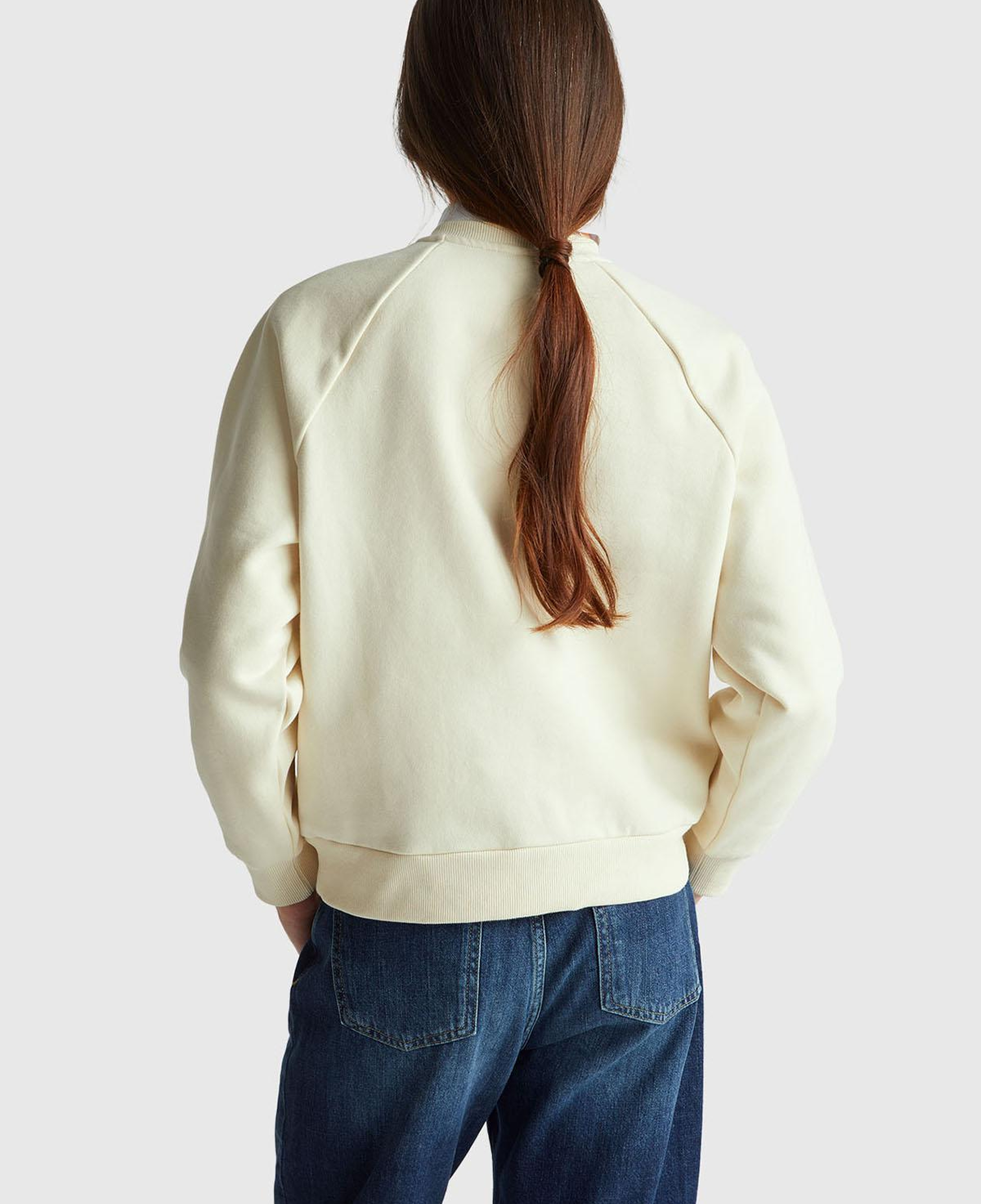 Kadın Krem Pamuk Karışımlı Önü Çiçek Desenli Bisiklet Yaka Sweatshirt