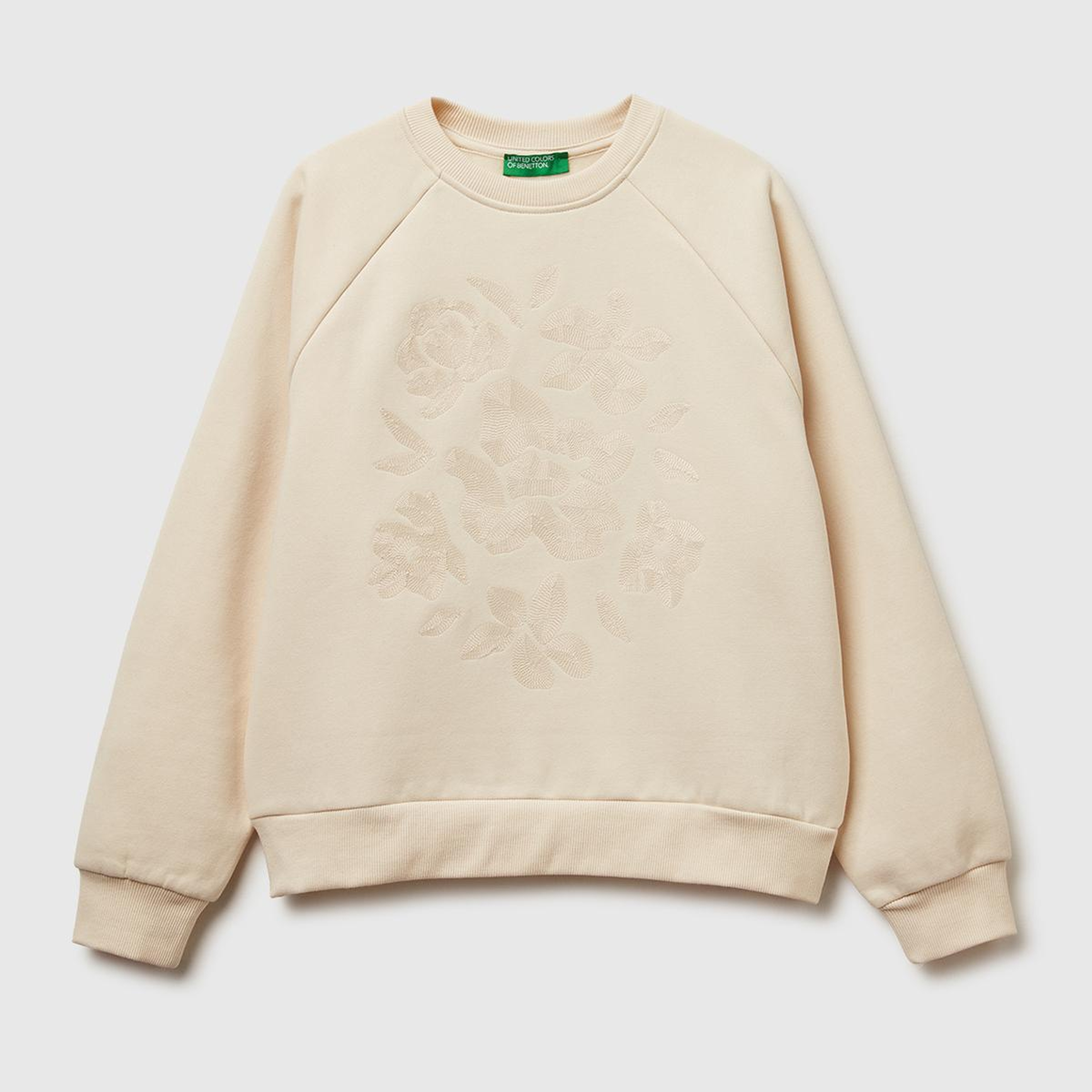 Kadın Krem Pamuk Karışımlı Önü Çiçek Desenli Bisiklet Yaka Sweatshirt