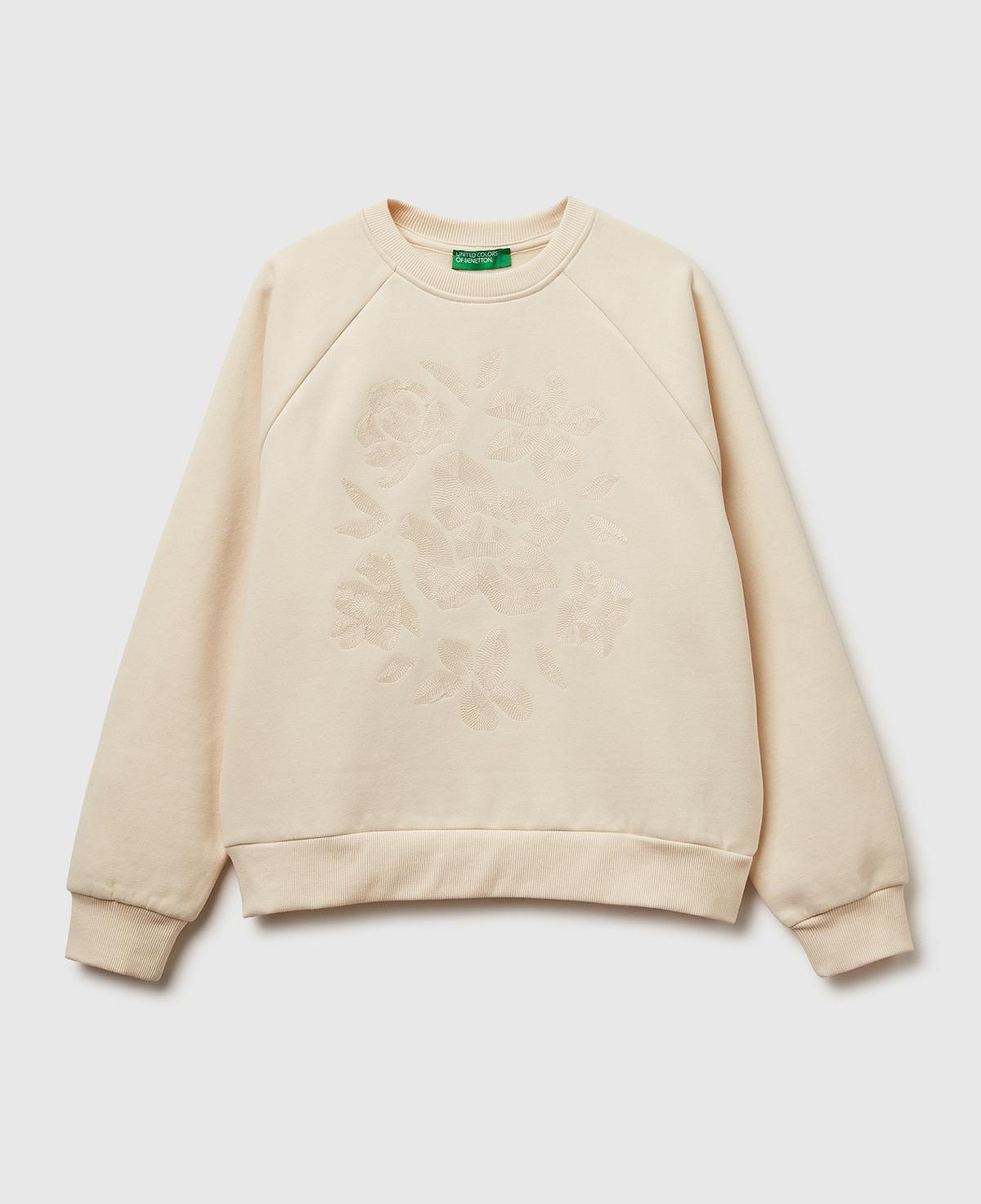 Kadın Krem Pamuk Karışımlı Önü Çiçek Desenli Bisiklet Yaka Sweatshirt