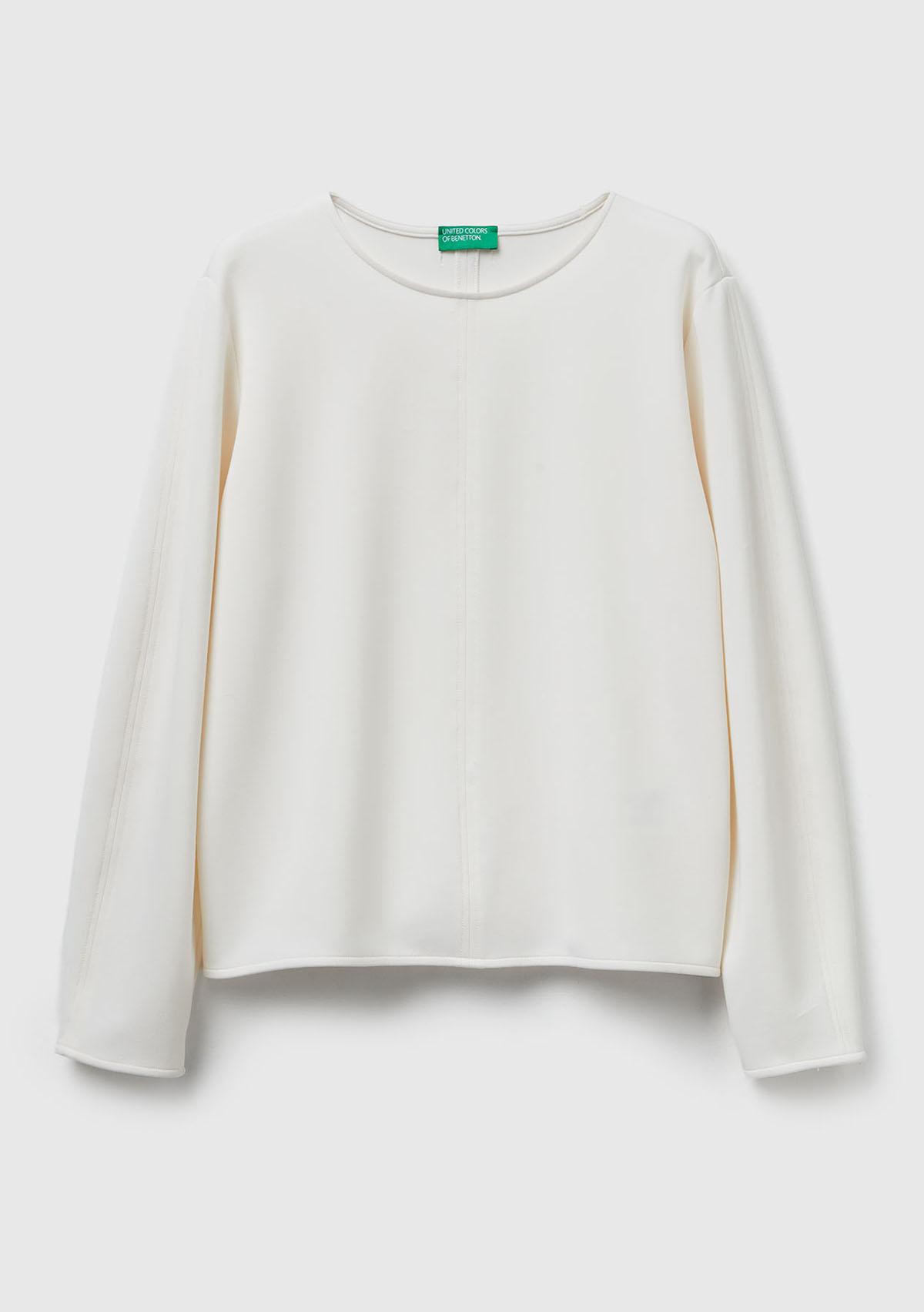 Kadın Krem Modal Karışımlı Etiket Detaylı Bisiklet Yaka Sweatshirt