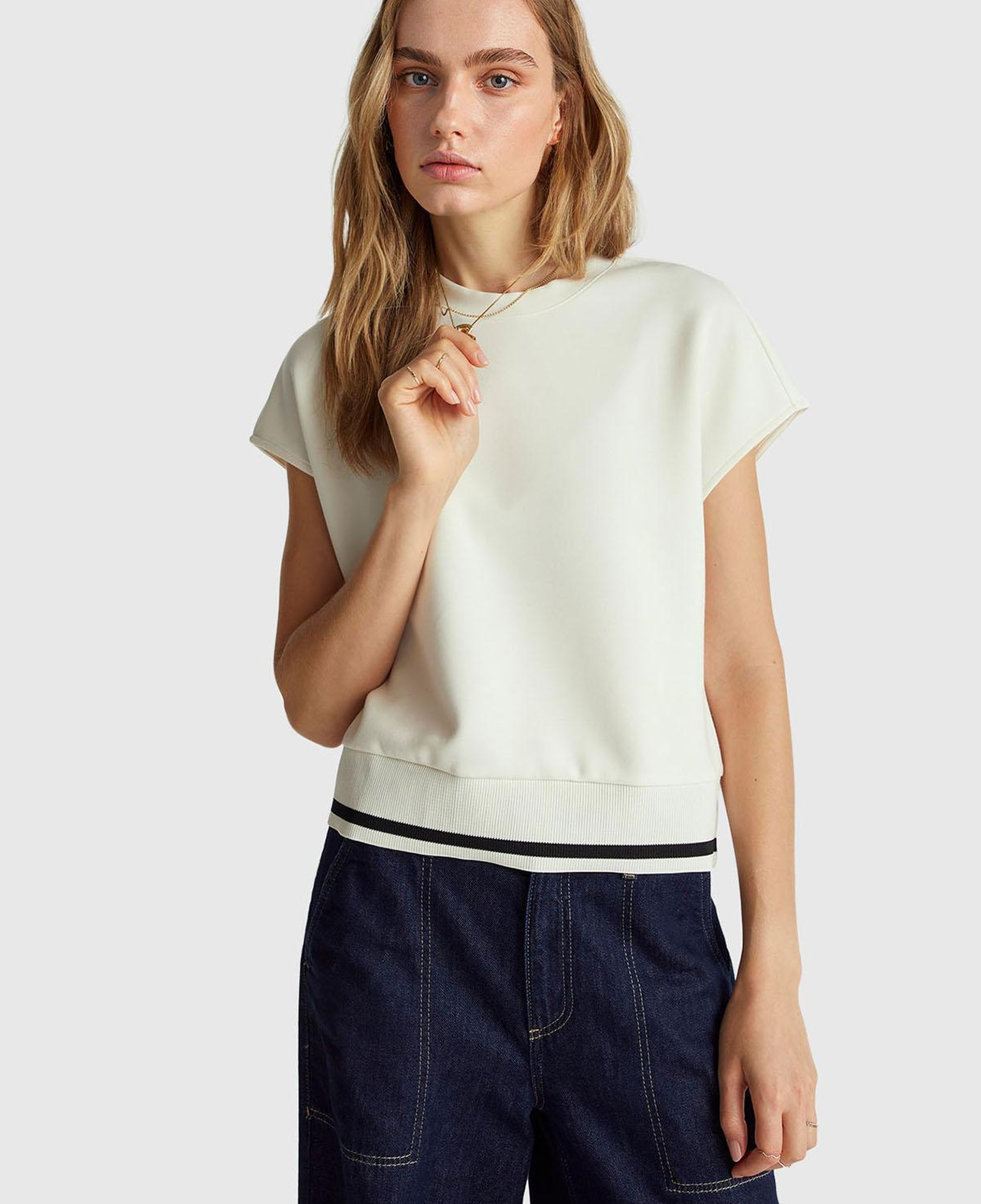 Kadın Krem Modal Karışımlı Beli Çizgi Detaylı Kolsuz Sweatshirt