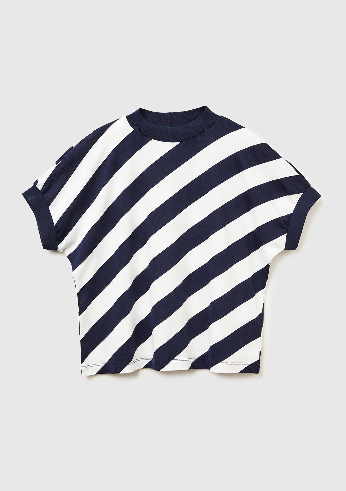 Kadın Lacivert %100 Pamuk Çift Renk Bloklu T-Shirt