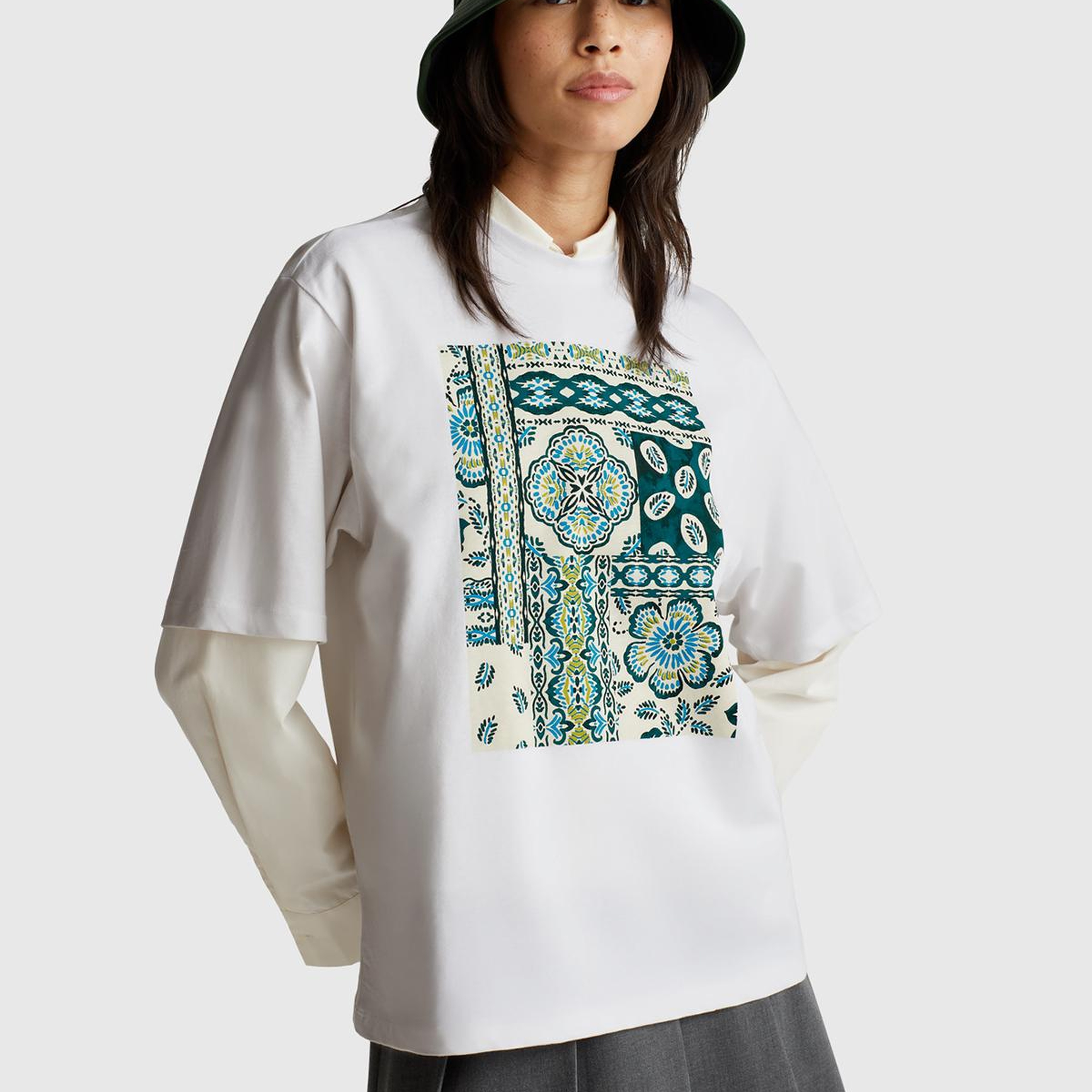 Kadın Beyaz Koton Karışımlı Baskılı T-Shirt