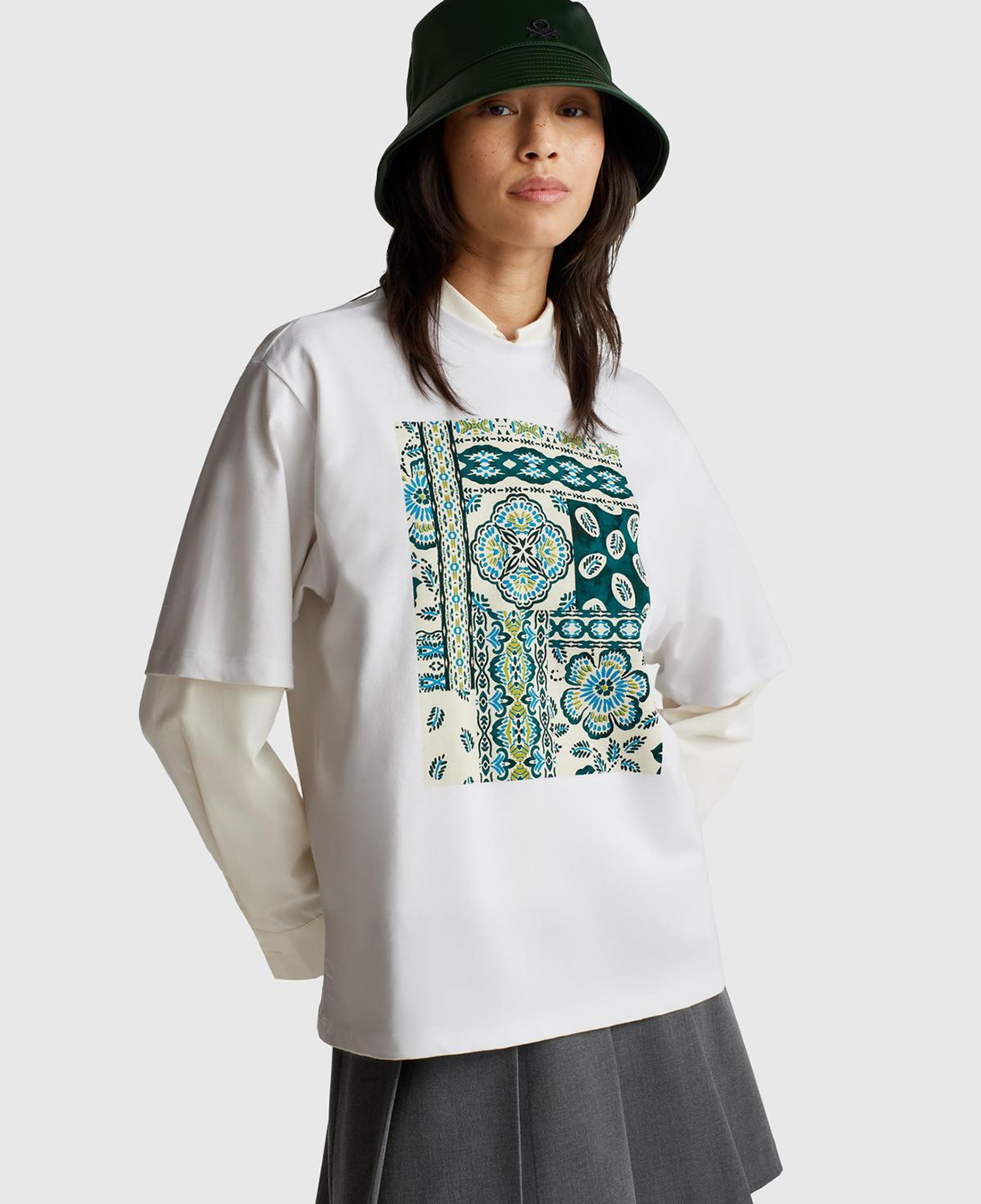 Kadın Beyaz Koton Karışımlı Baskılı T-Shirt