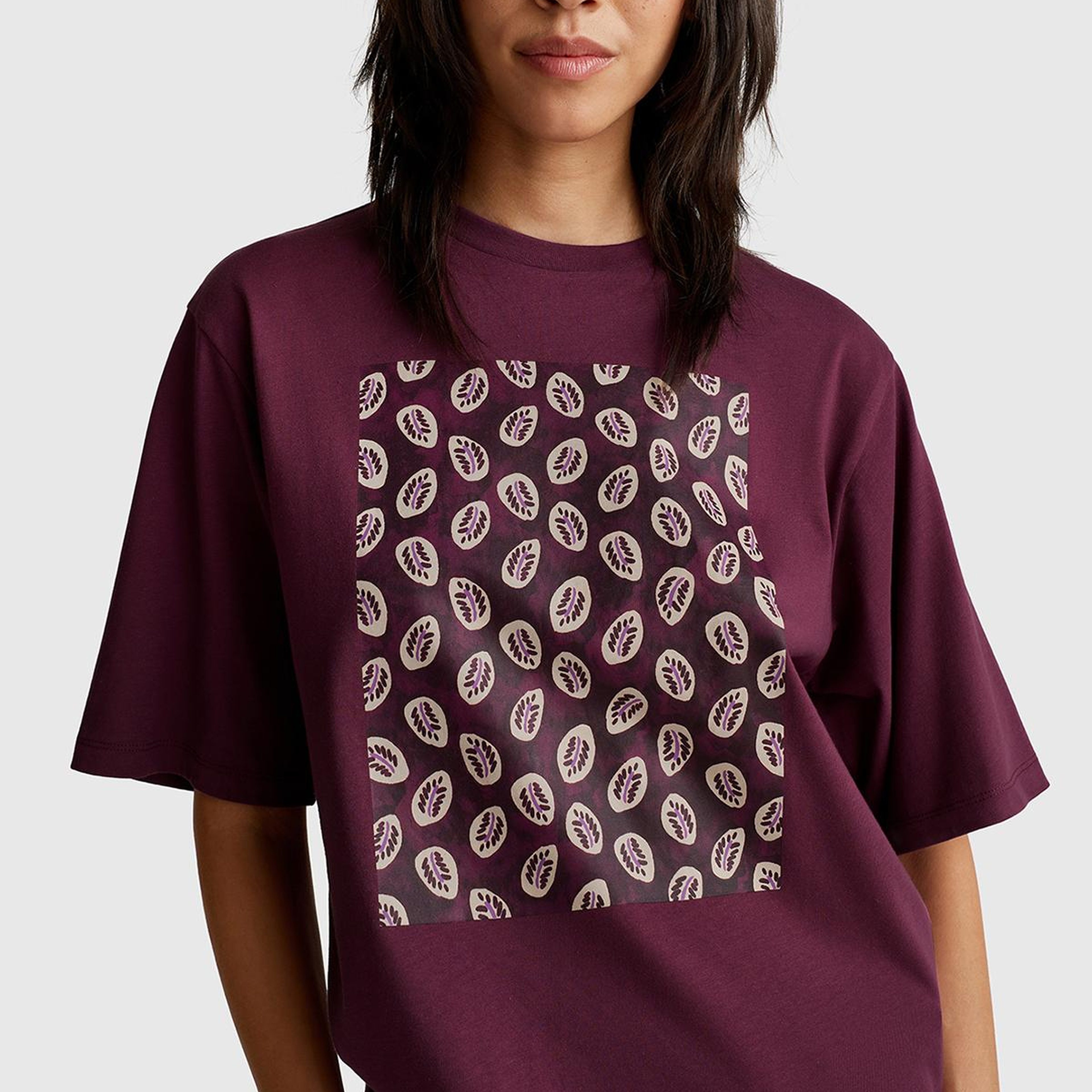 Kadın Mürdüm Koton Karışımlı Baskılı T-Shirt