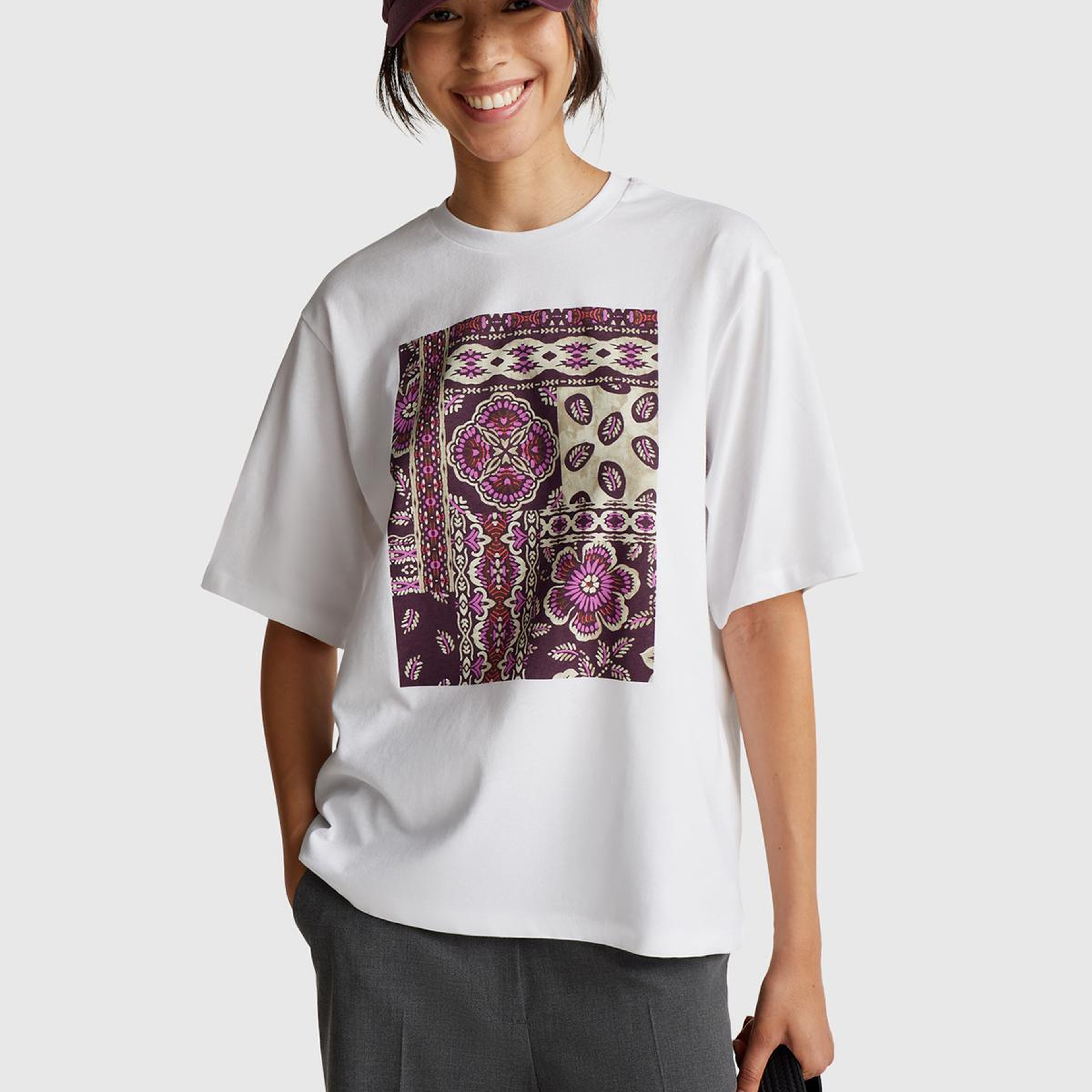 Kadın Mürdüm Mix Koton Karışımlı Baskılı T-Shirt