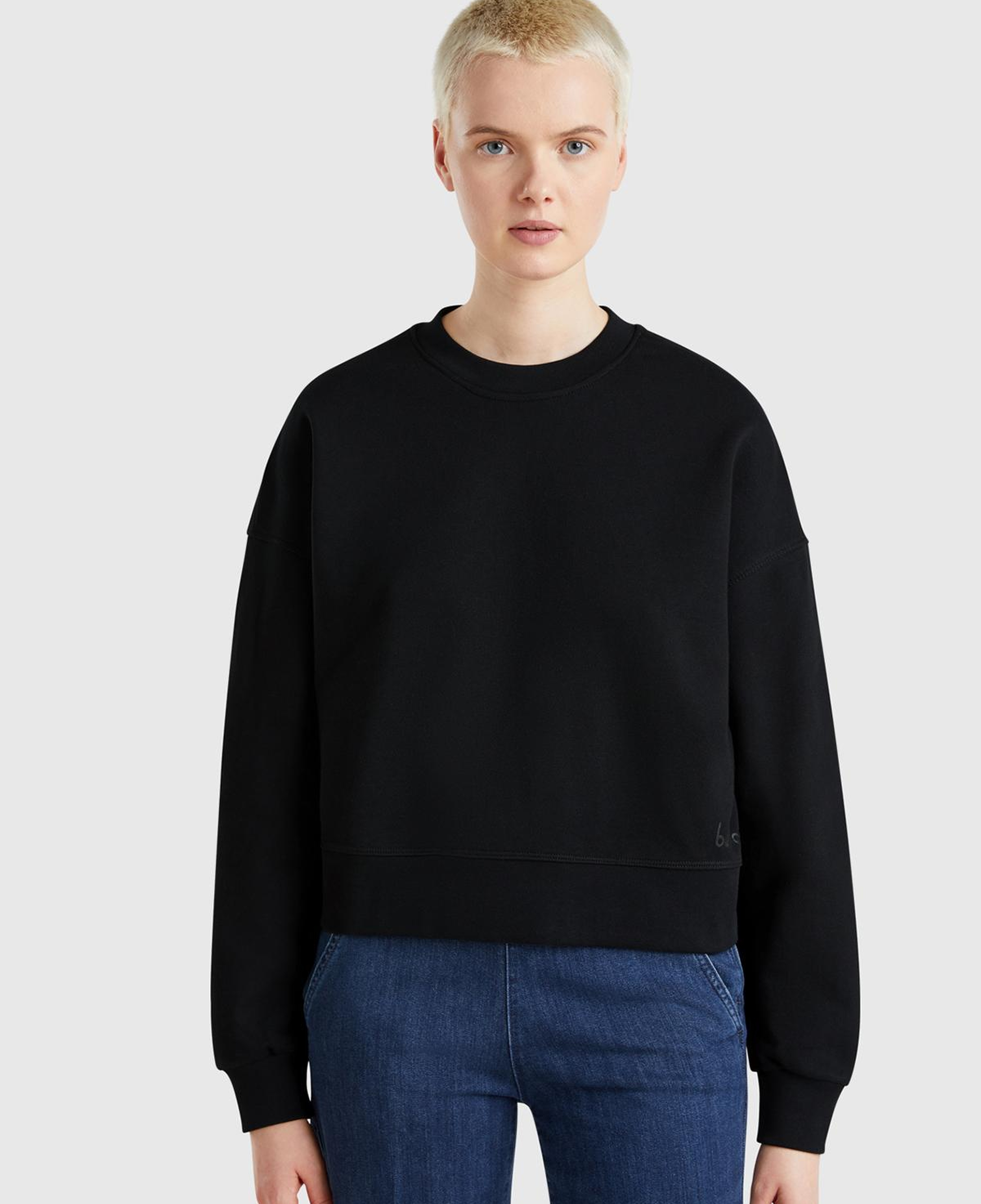 Kadın Siyah %100 Pamuk Ribana Detaylı Bisiklet Yaka Sweatshirt