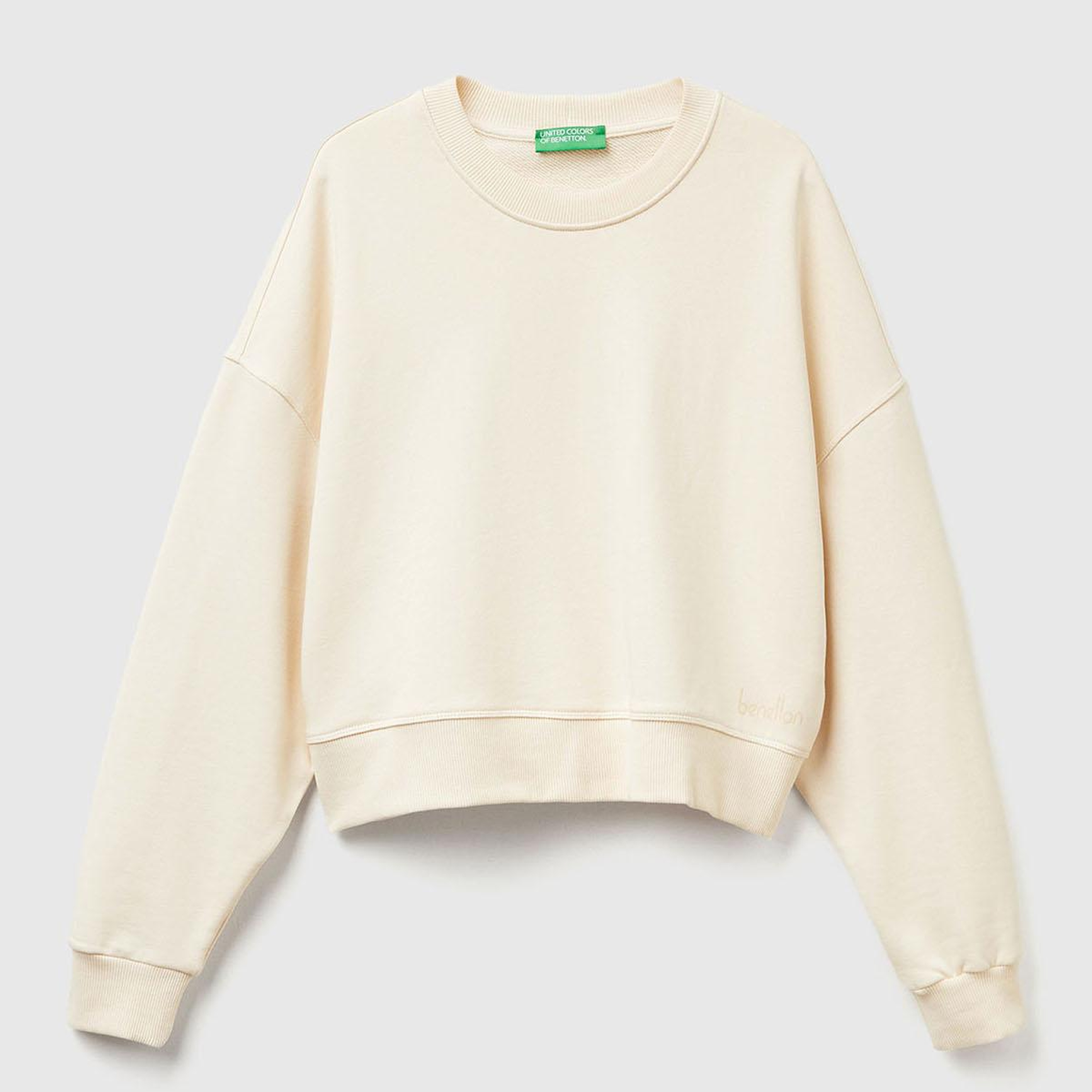 Kadın Krem %100 Pamuk Ribana Detaylı Bisiklet Yaka Sweatshirt