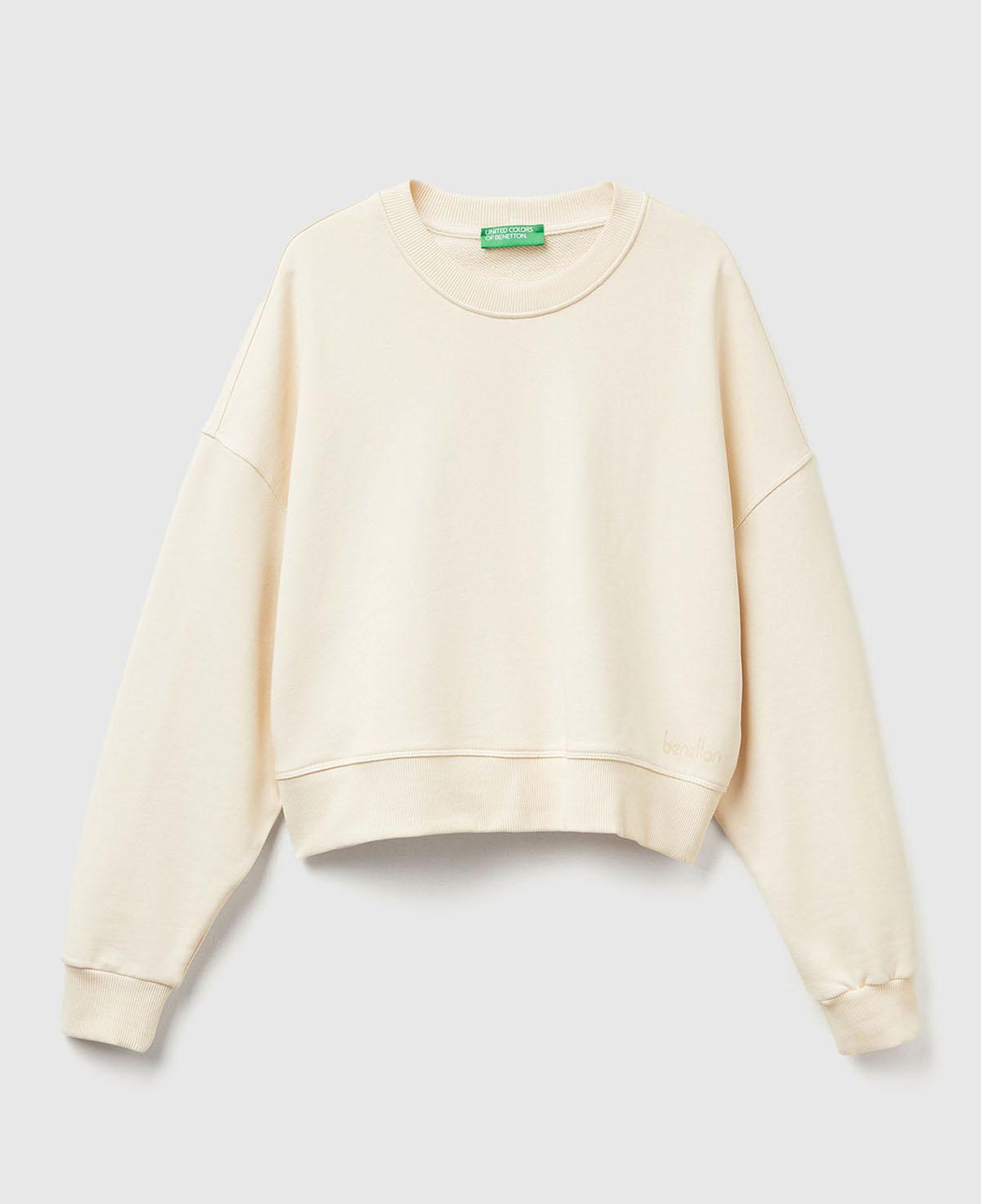 Kadın Krem %100 Pamuk Ribana Detaylı Bisiklet Yaka Sweatshirt