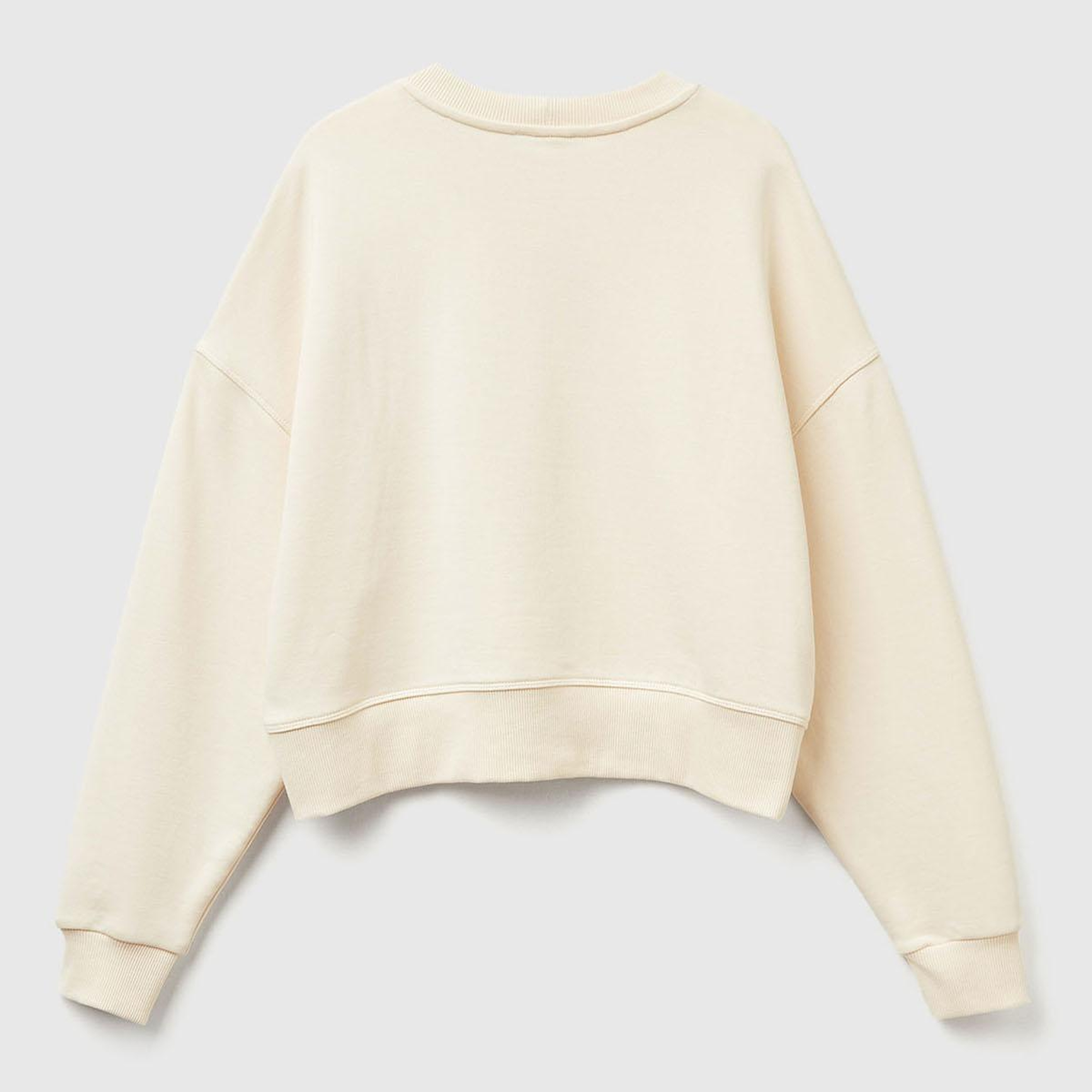Kadın Krem %100 Pamuk Ribana Detaylı Bisiklet Yaka Sweatshirt