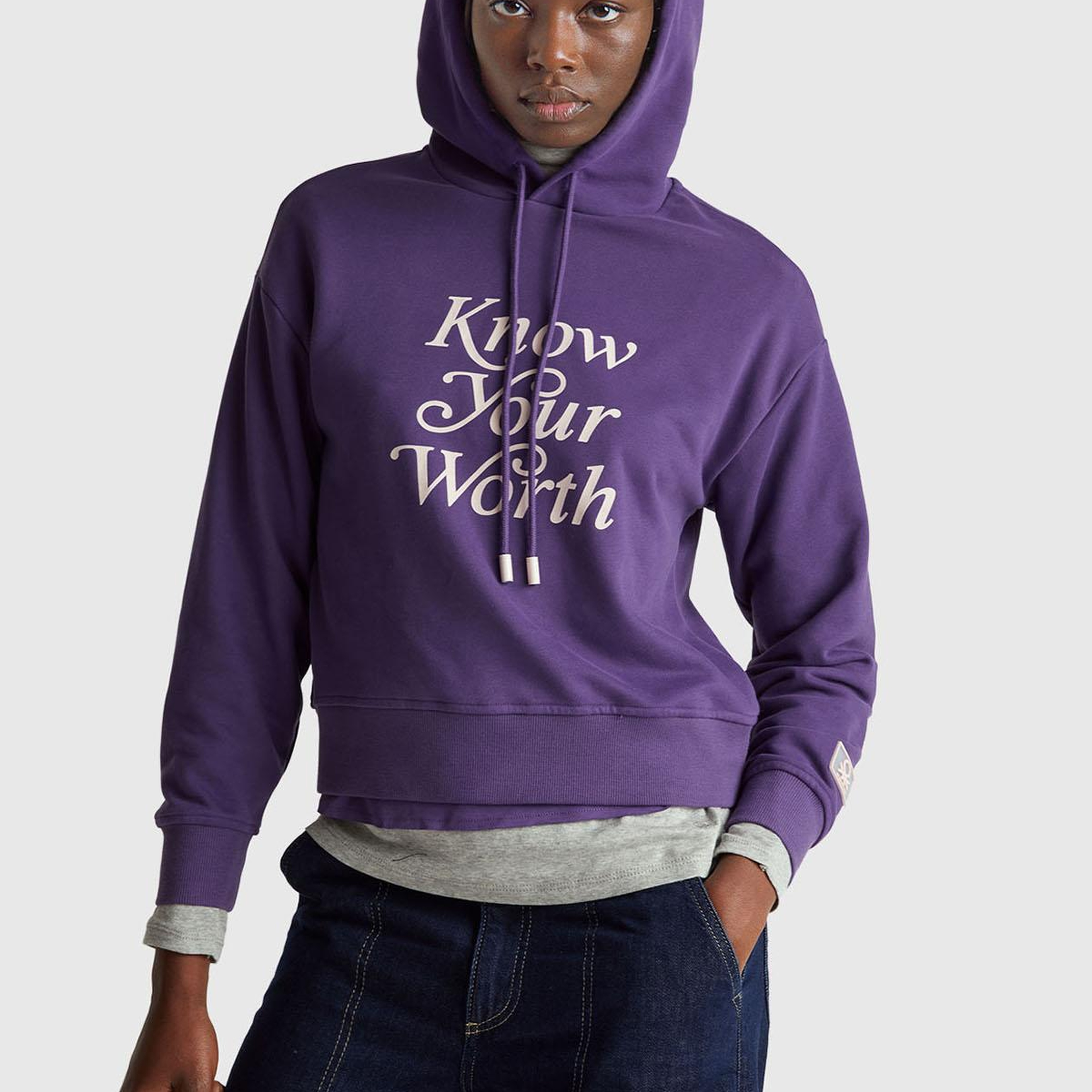 Kadın Mor Pamuk Karışımlı Önü Yazı Baskılı Kapüşonlu Sweatshirt
