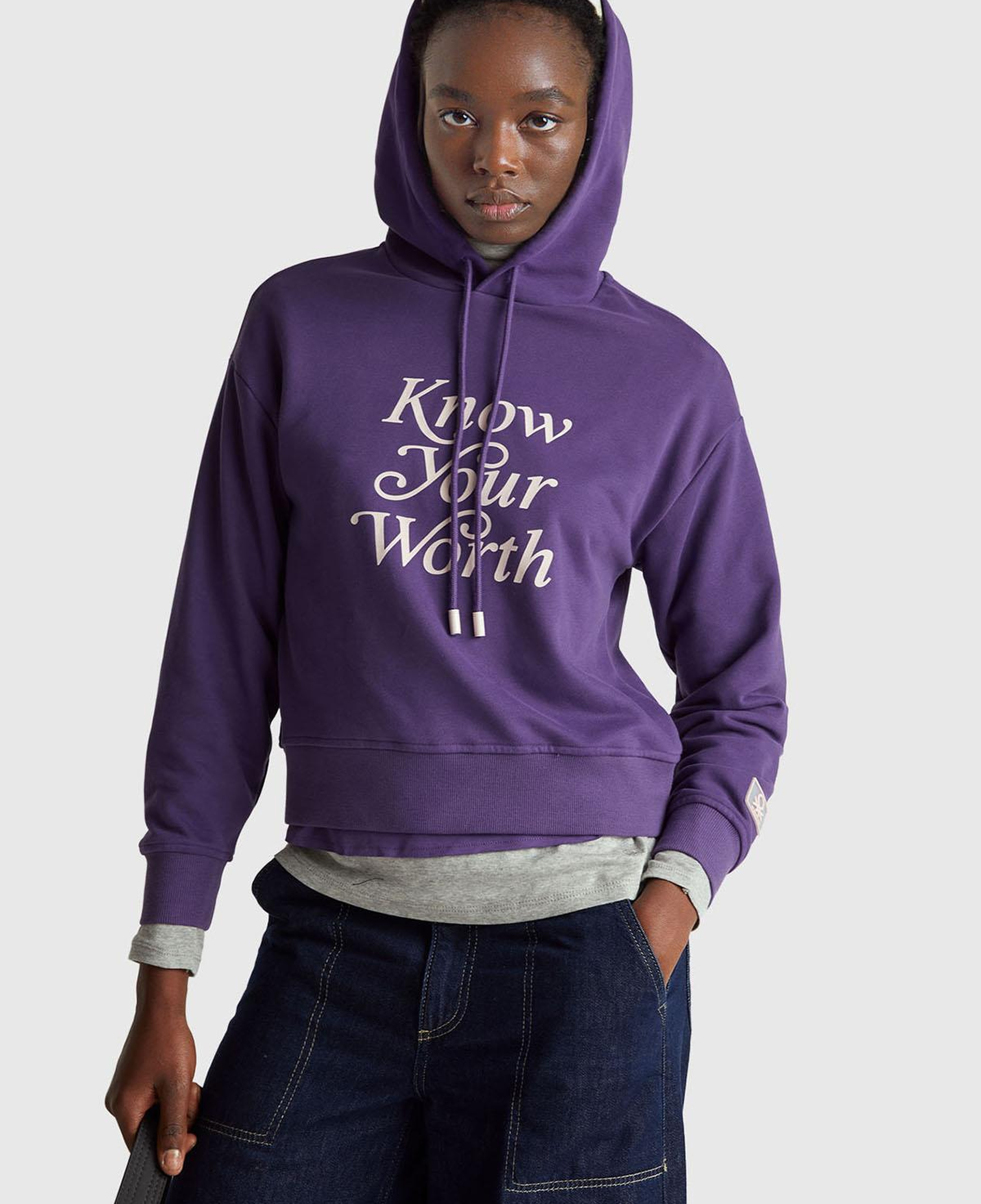 Kadın Mor Pamuk Karışımlı Önü Yazı Baskılı Kapüşonlu Sweatshirt