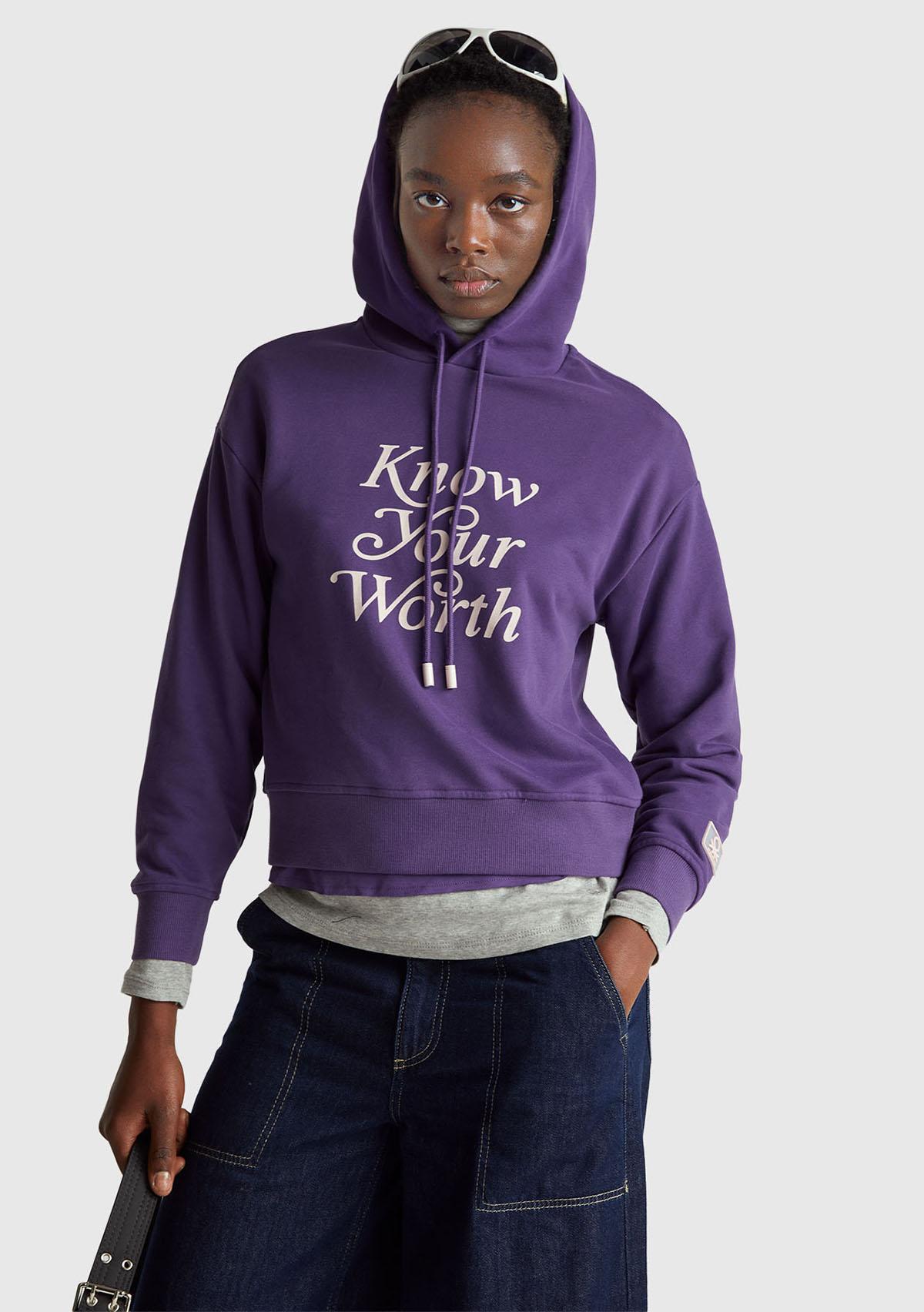 Kadın Mor Pamuk Karışımlı Önü Yazı Baskılı Kapüşonlu Sweatshirt