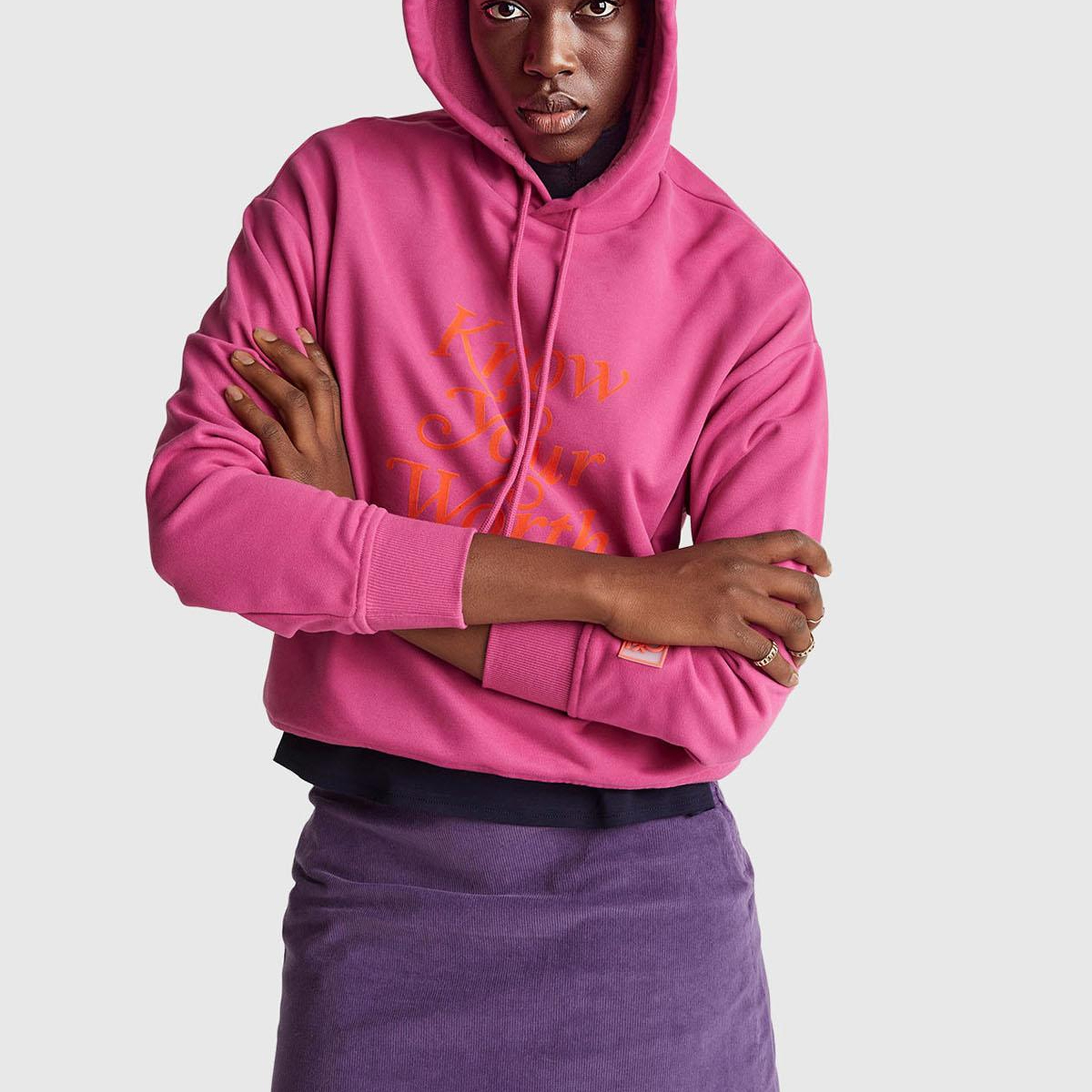 Kadın Koyu Pembe Pamuk Karışımlı Önü Yazı Baskılı Kapüşonlu Sweatshirt