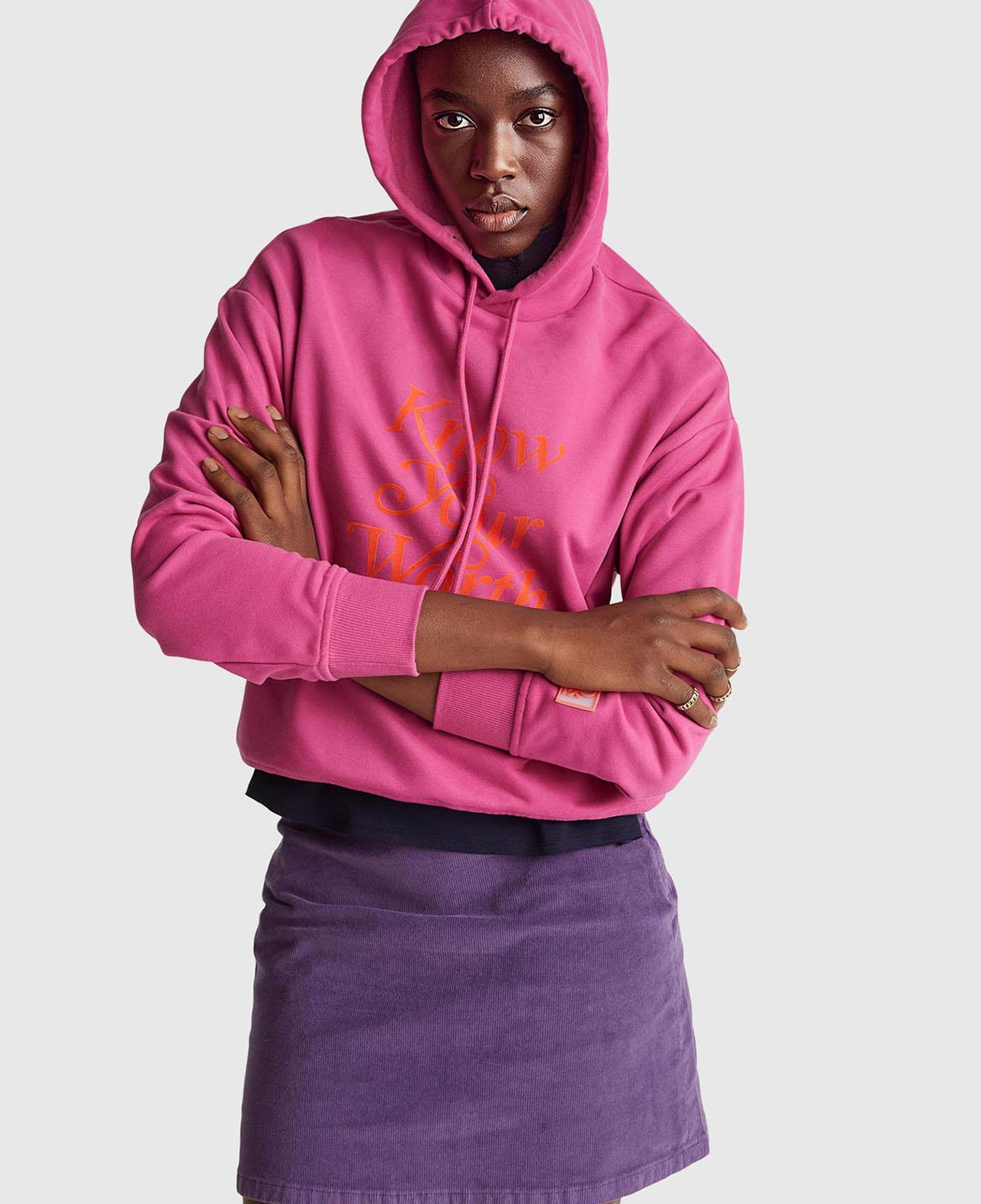 Kadın Koyu Pembe Pamuk Karışımlı Önü Yazı Baskılı Kapüşonlu Sweatshirt