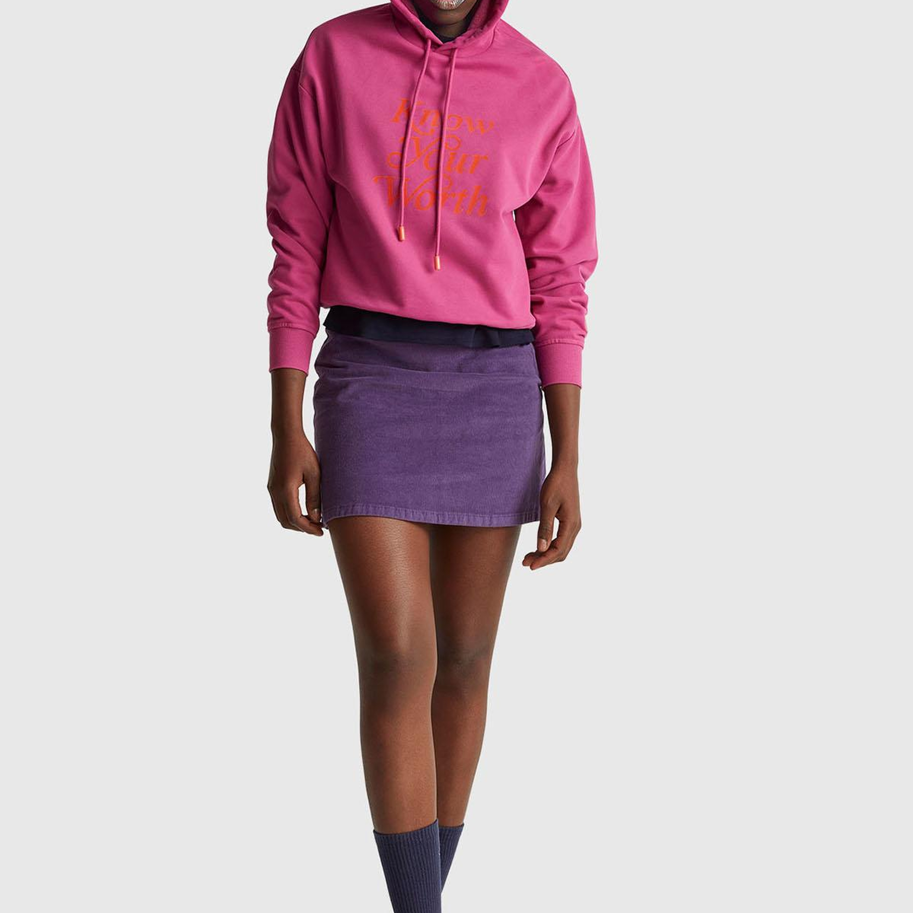 Kadın Koyu Pembe Pamuk Karışımlı Önü Yazı Baskılı Kapüşonlu Sweatshirt