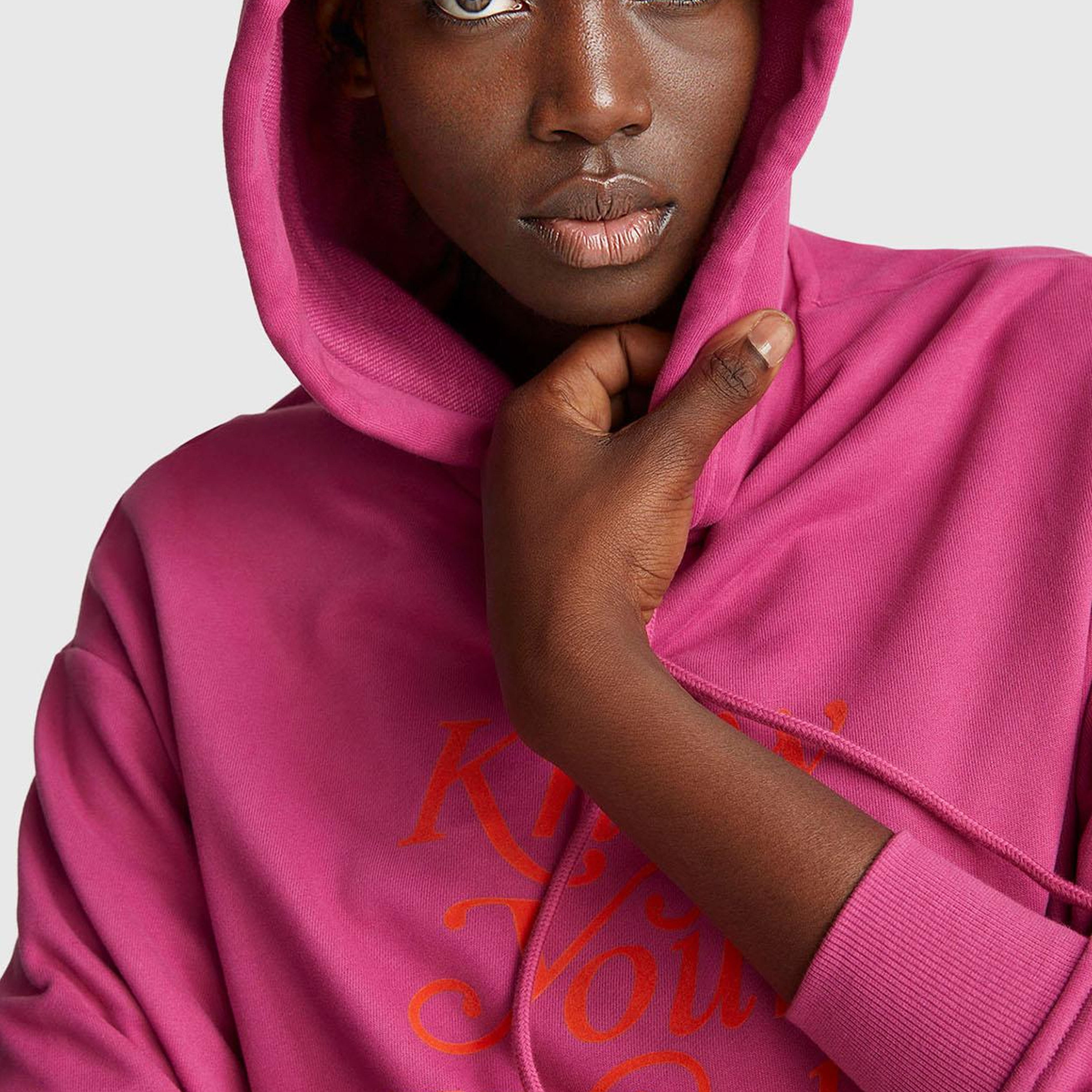 Kadın Koyu Pembe Pamuk Karışımlı Önü Yazı Baskılı Kapüşonlu Sweatshirt