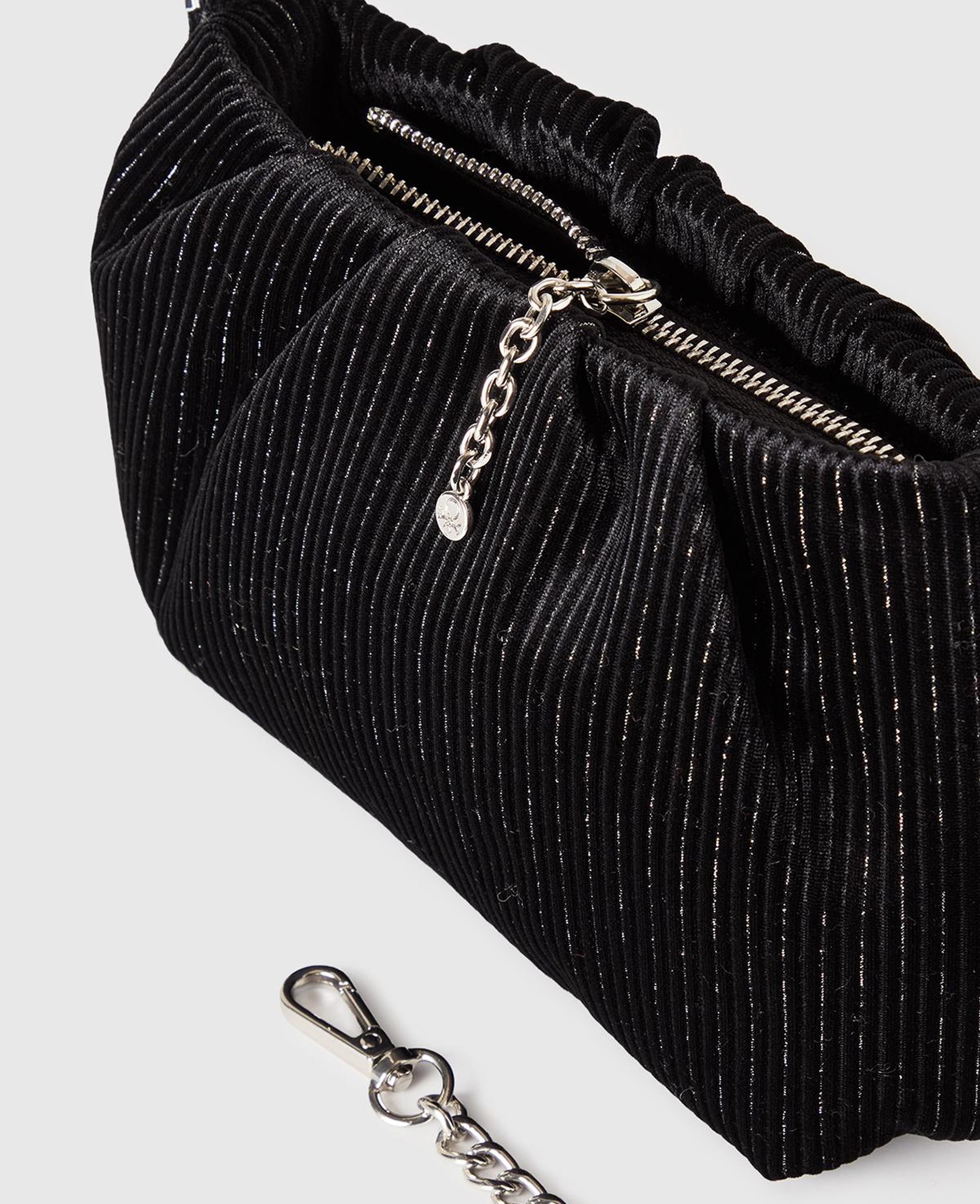 Kadın Siyah Simli Zincir Askılı Kadife Clutch Çanta