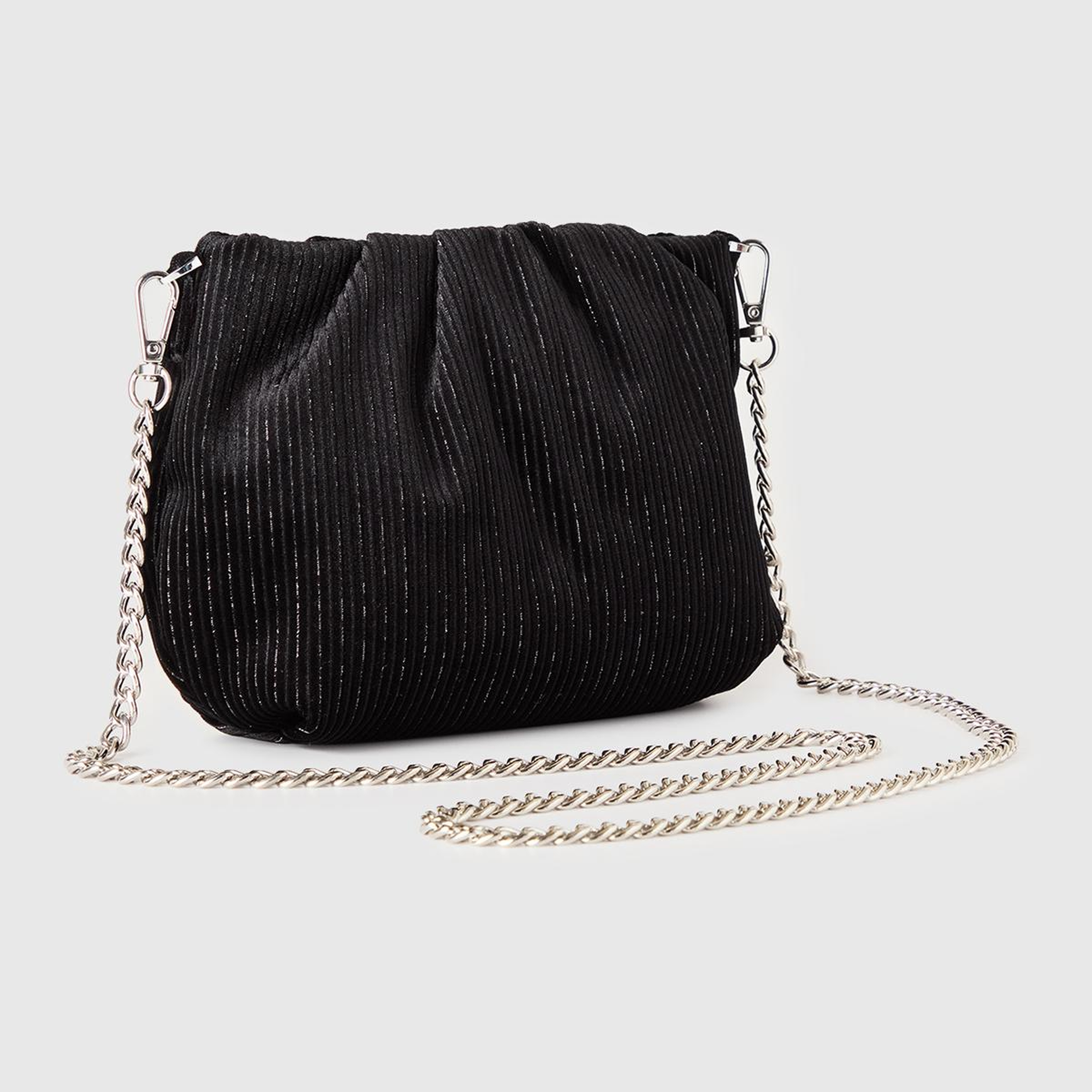 Kadın Siyah Simli Zincir Askılı Kadife Clutch Çanta