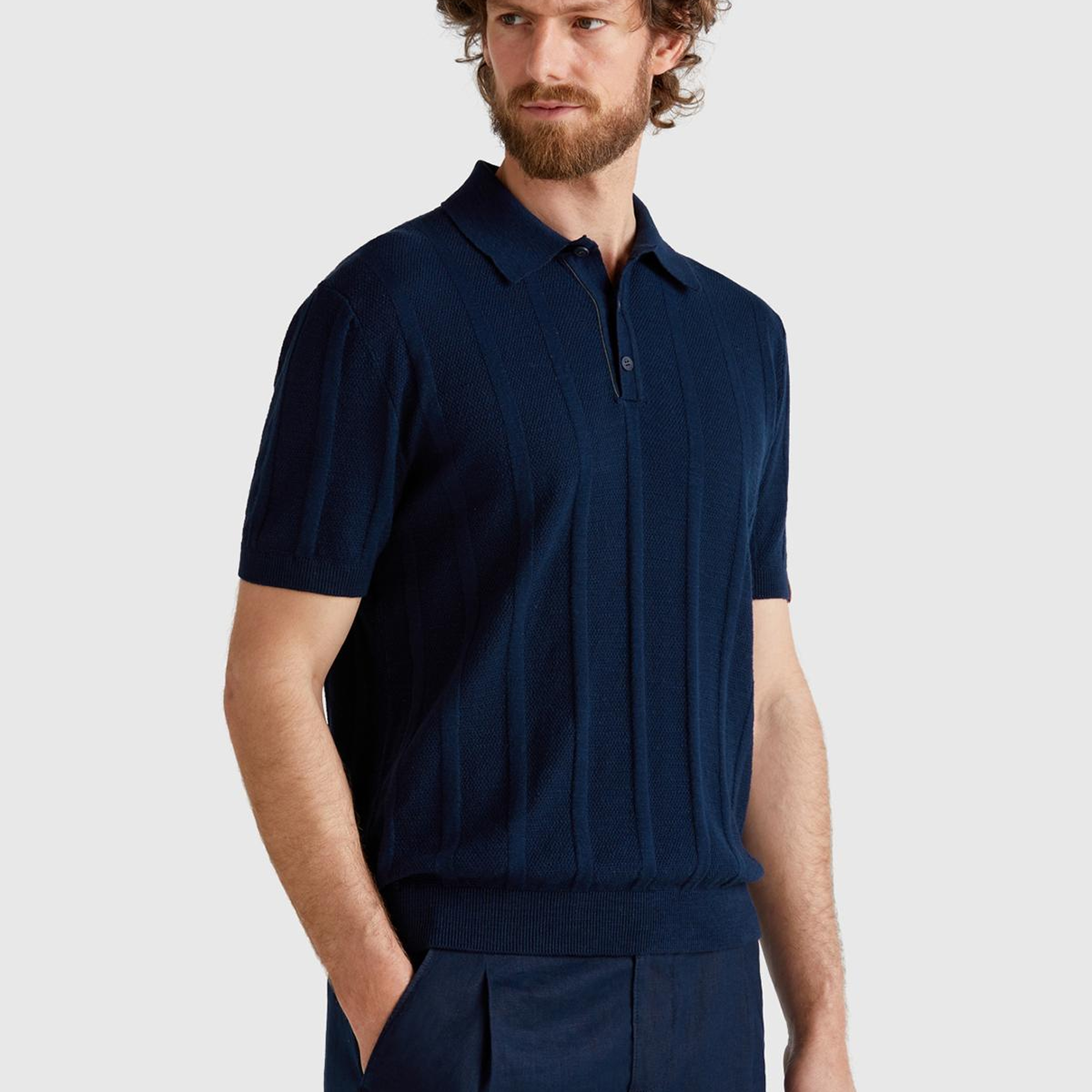 Erkek Lacivert Keten Pamuk Karışımlı Kontrastlı Düğmeli Regular Fit Triko Polo T-Shirt
