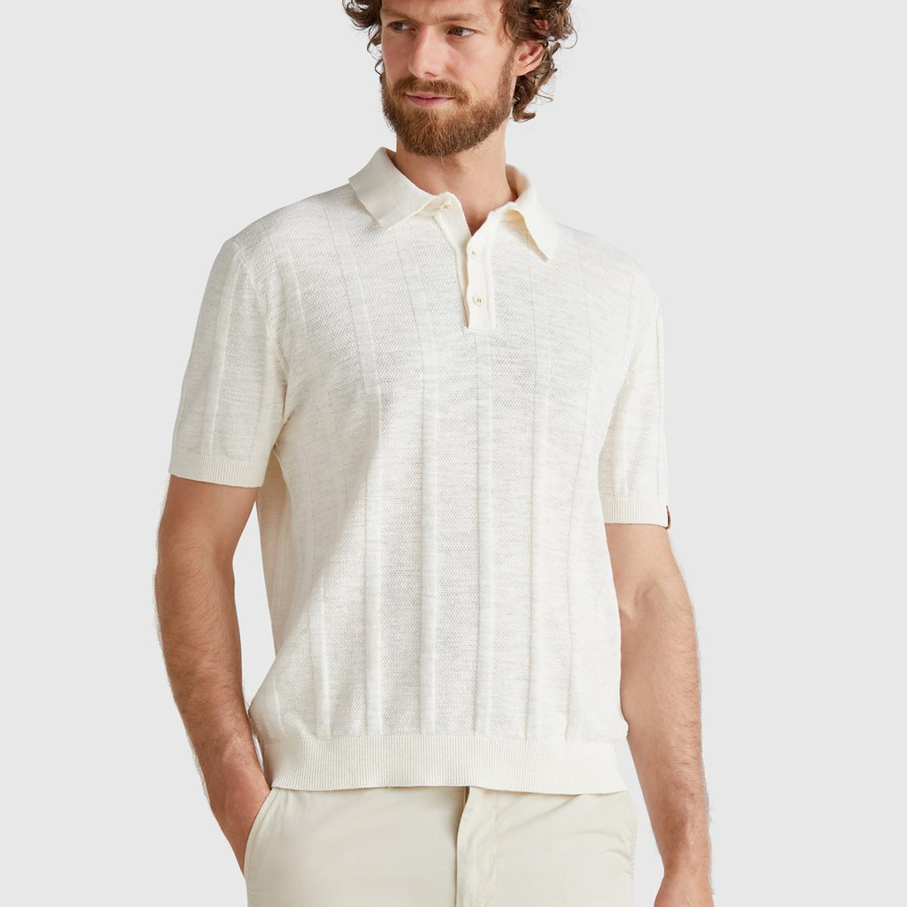Erkek Krem Keten Pamuk Karışımlı Kontrastlı Düğmeli Regular Fit Triko Polo T-Shirt