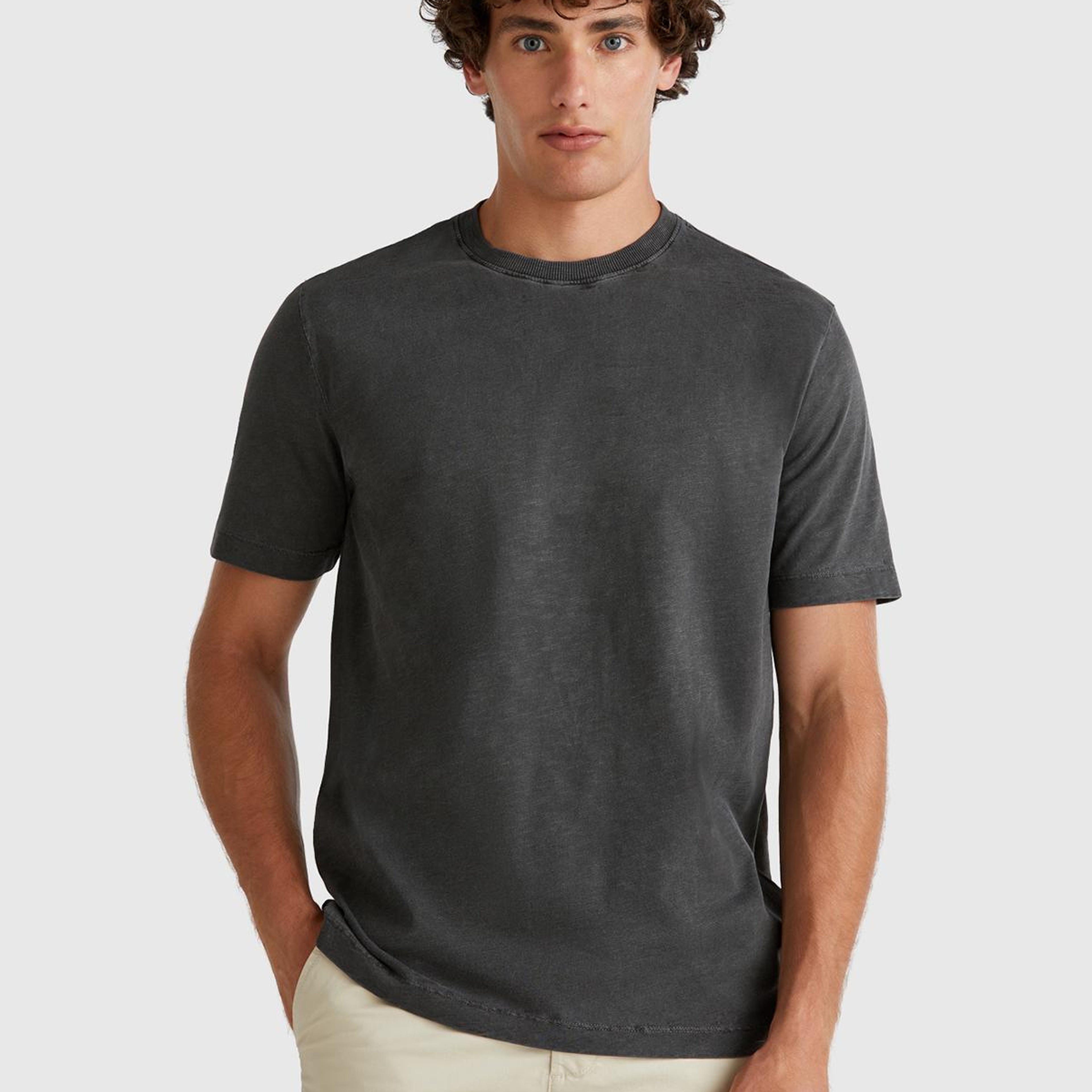 Erkek Siyah %100 Koton Bisiklet Yaka Slub T-Shirt
