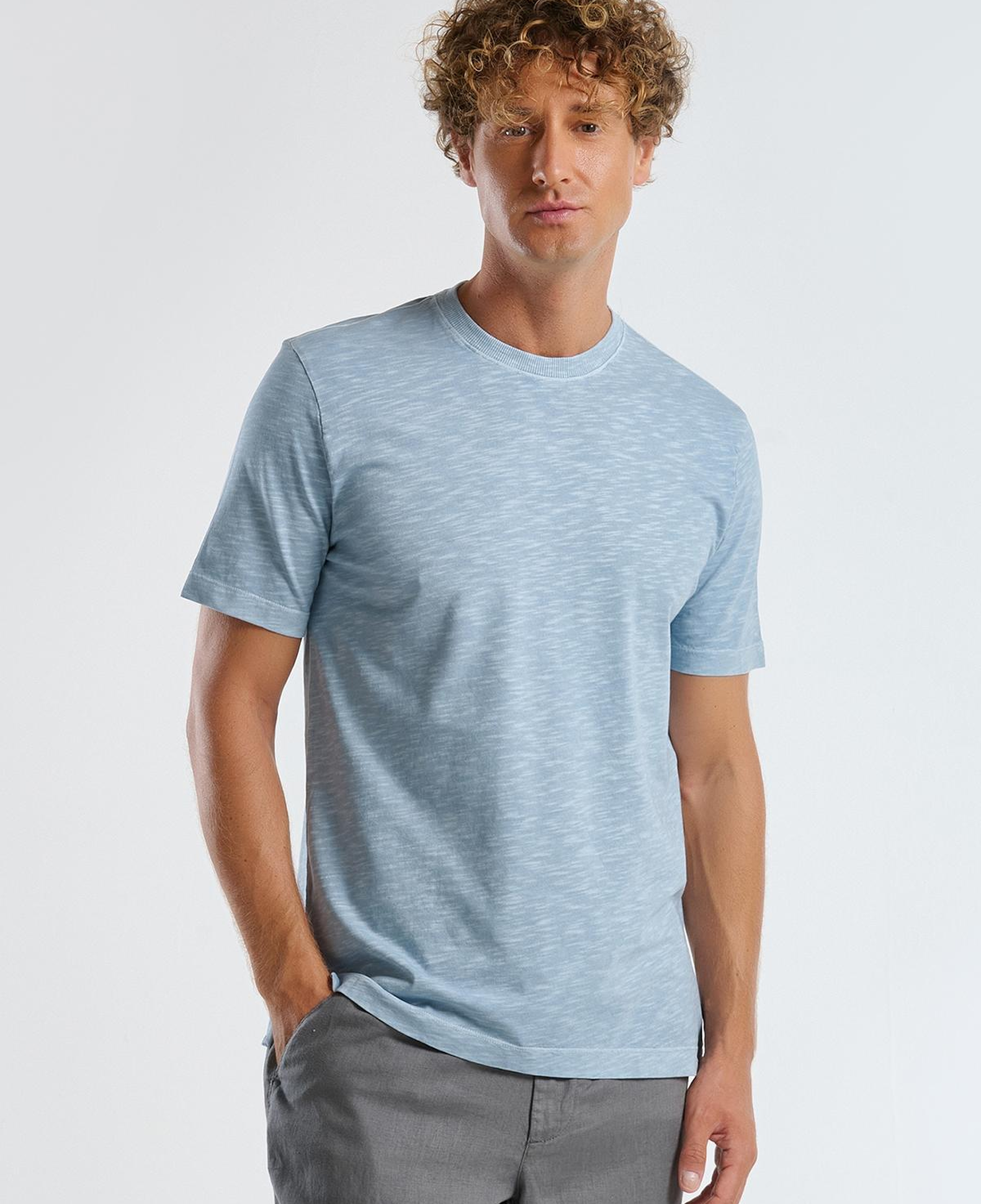 Erkek Açık Mavi %100 Koton Bisiklet Yaka Slub T-Shirt