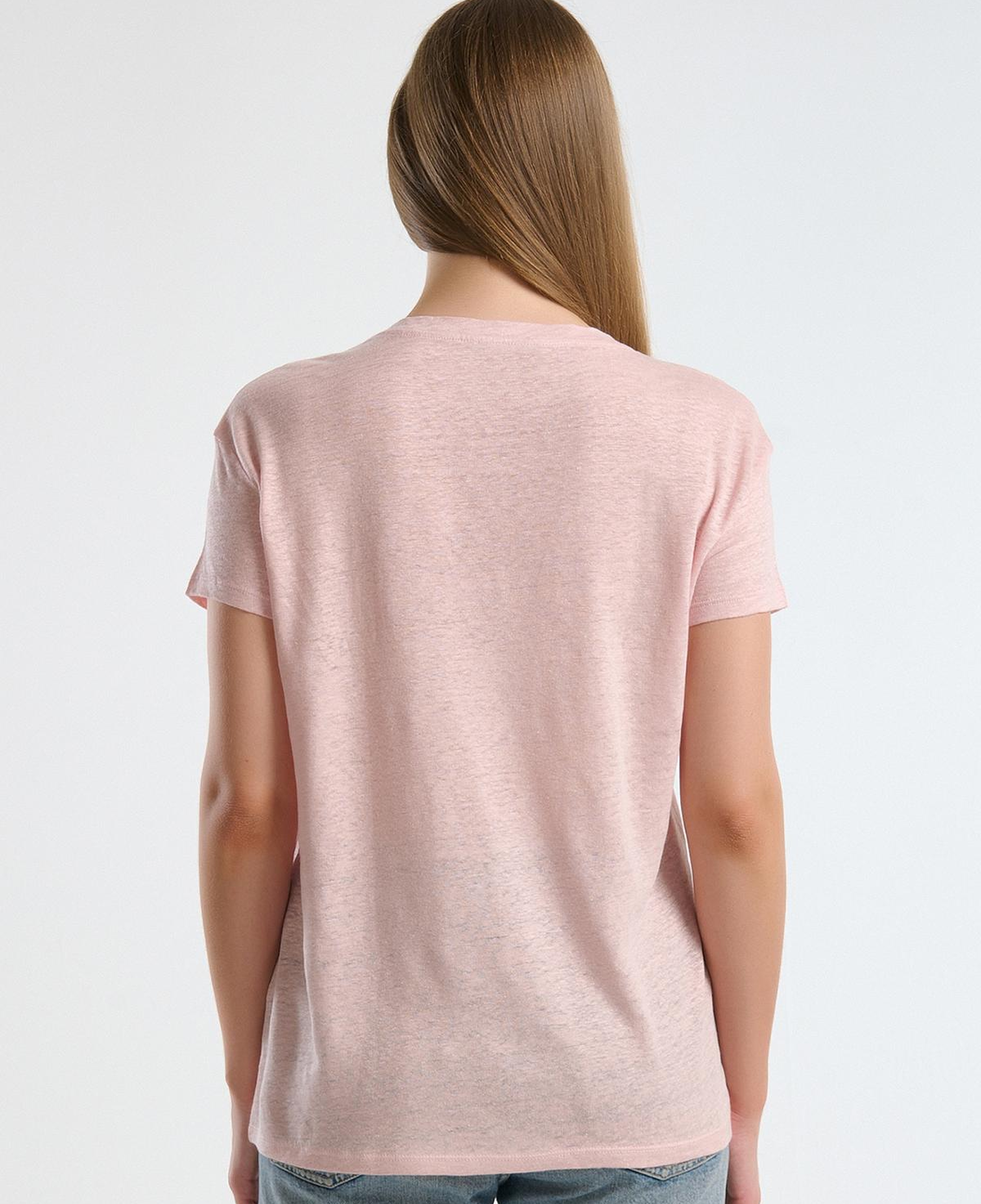 Kadın Pembe %100 Keten Düşük Omuzlu Relax Fit V Yaka T-Shirt