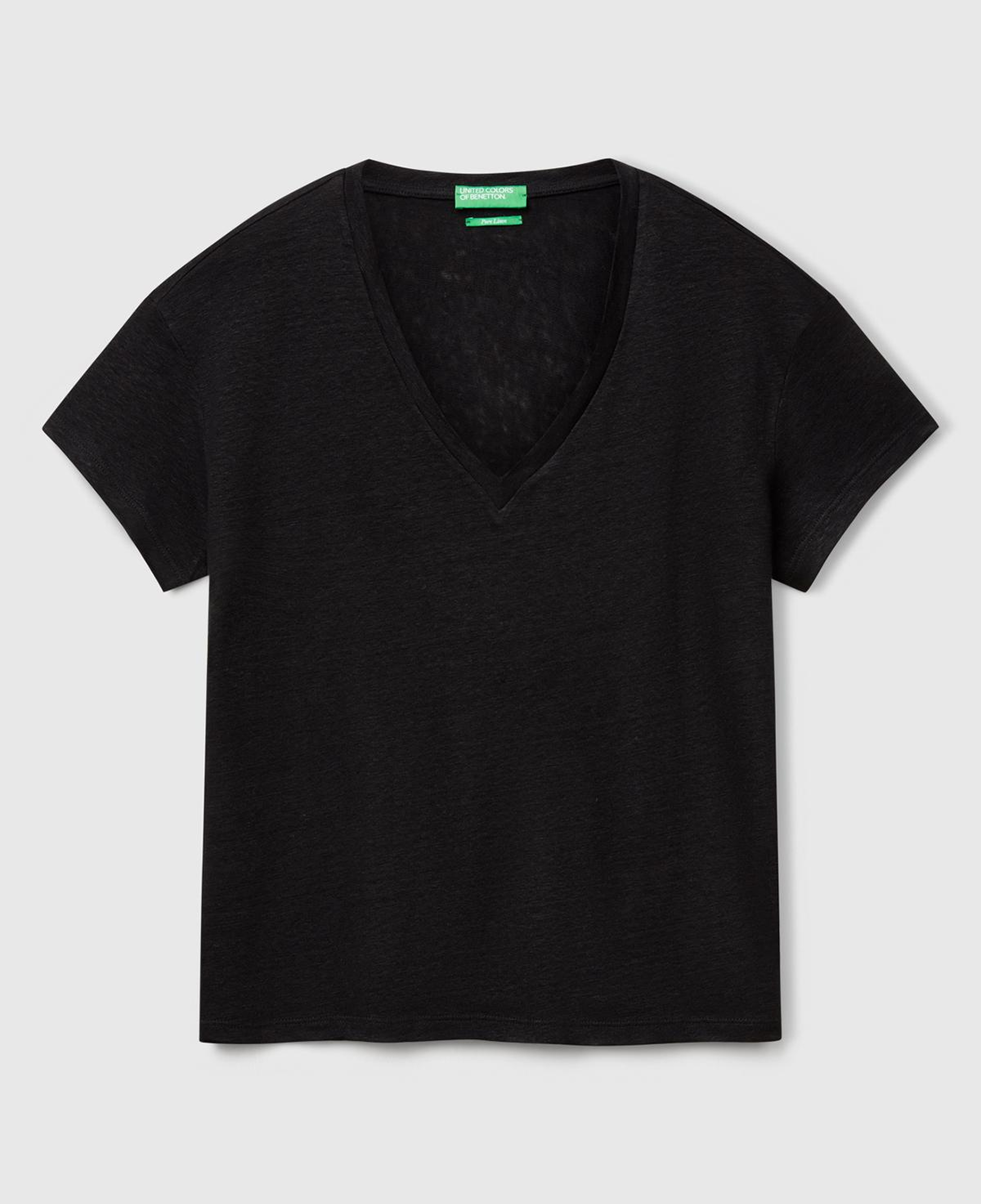 Kadın Siyah %100 Keten Düşük Omuzlu Relax Fit V Yaka T-Shirt