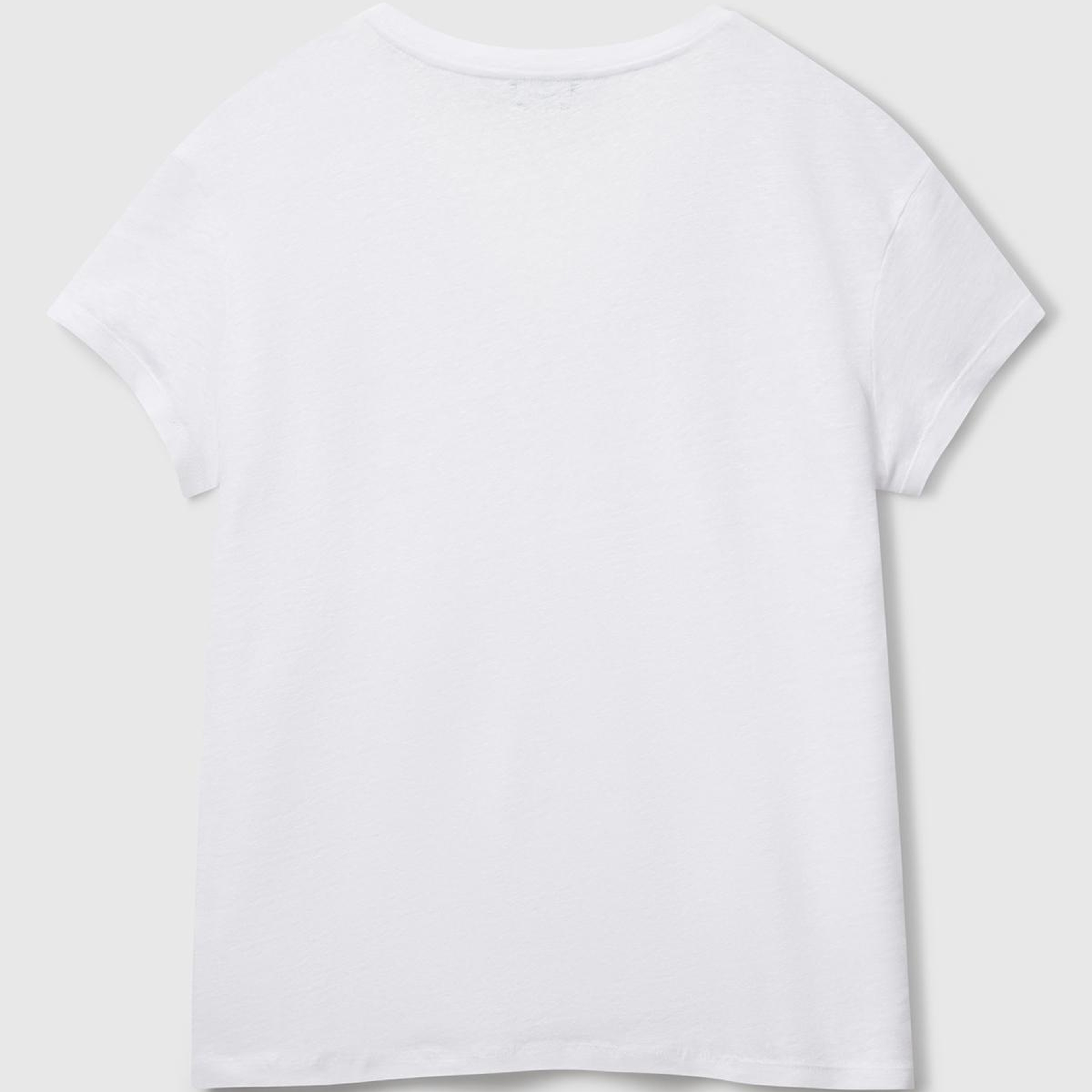 Kadın Beyaz %100 Keten Düşük Omuzlu Relax Fit V Yaka T-Shirt