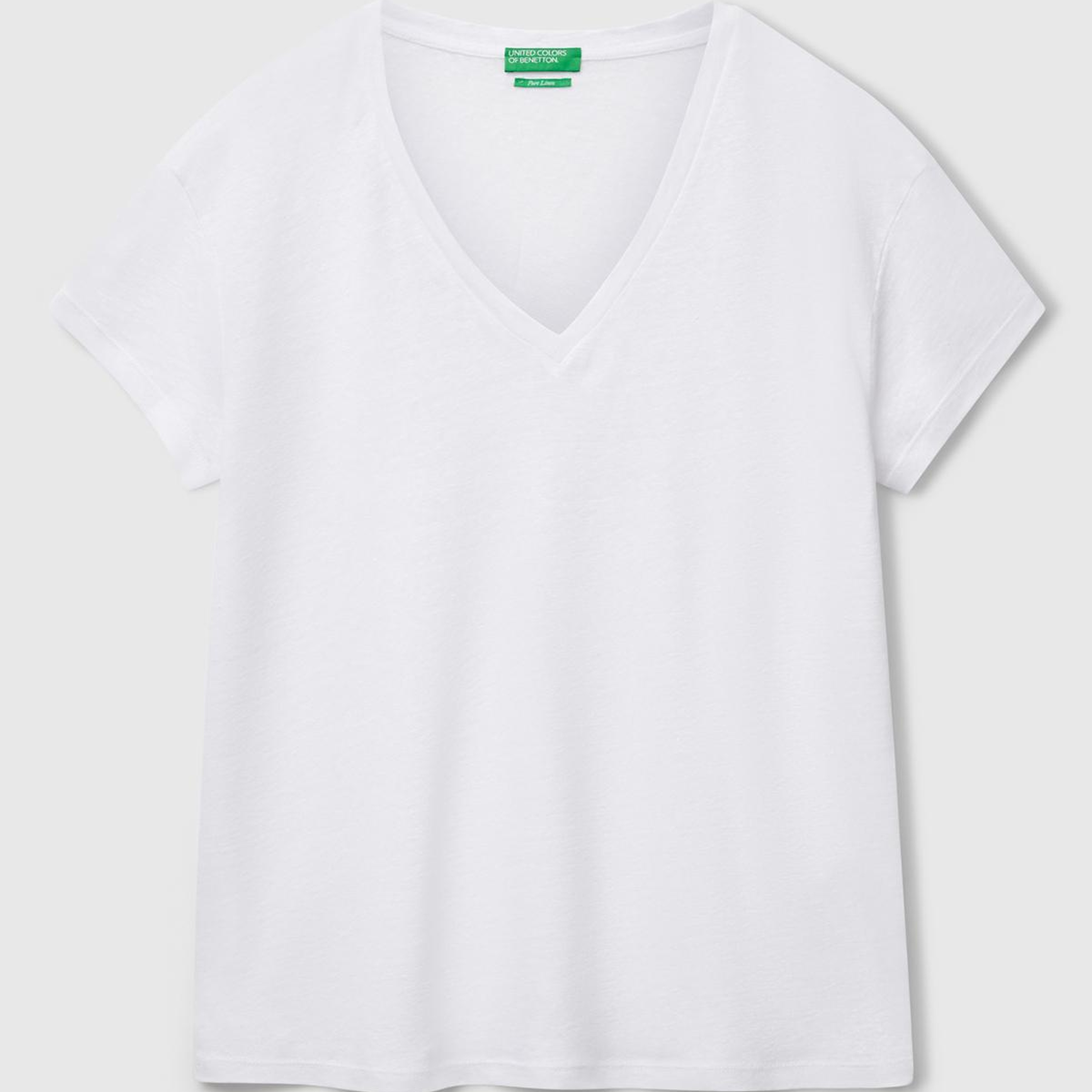 Kadın Beyaz %100 Keten Düşük Omuzlu Relax Fit V Yaka T-Shirt