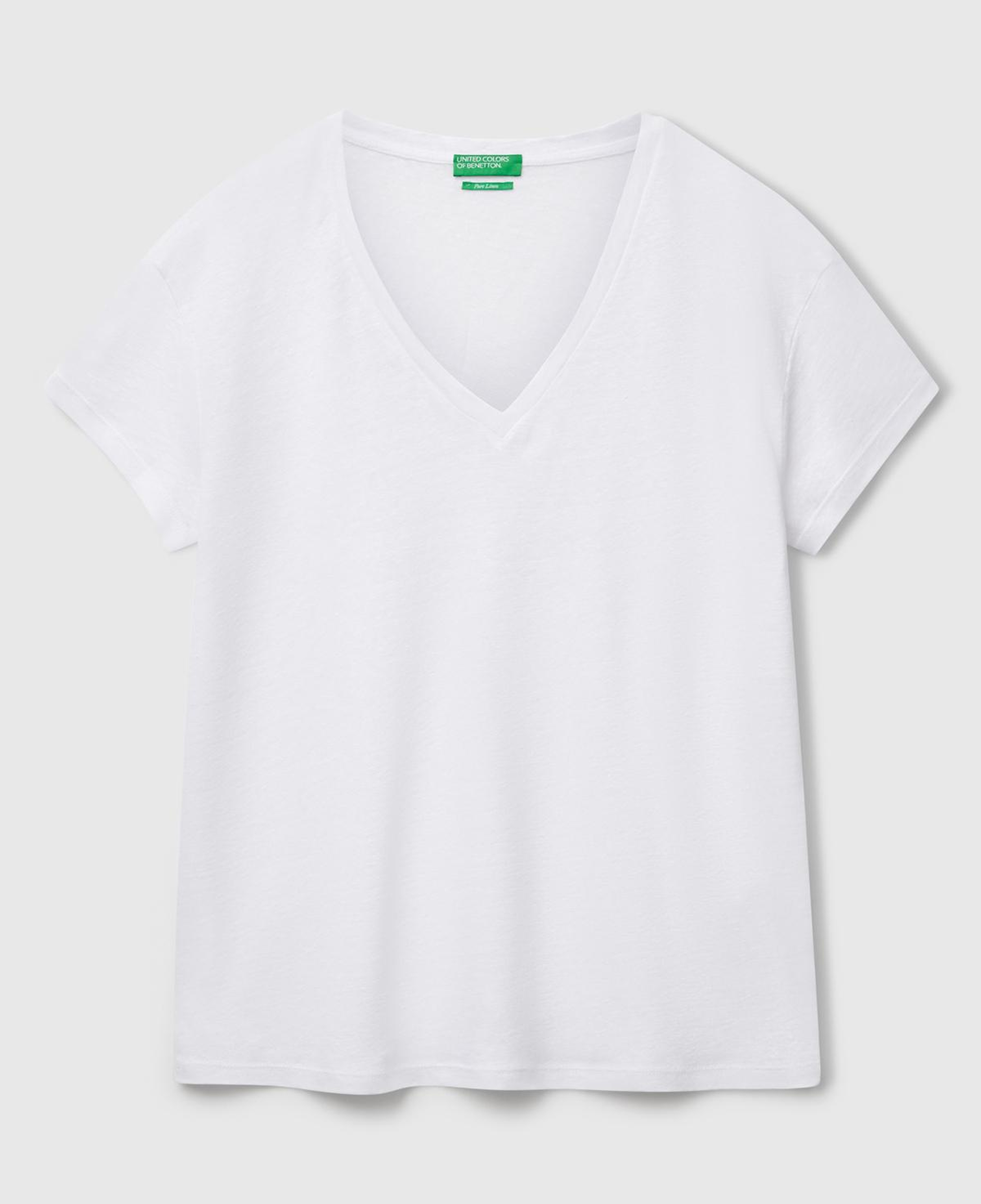 Kadın Beyaz %100 Keten Düşük Omuzlu Relax Fit V Yaka T-Shirt