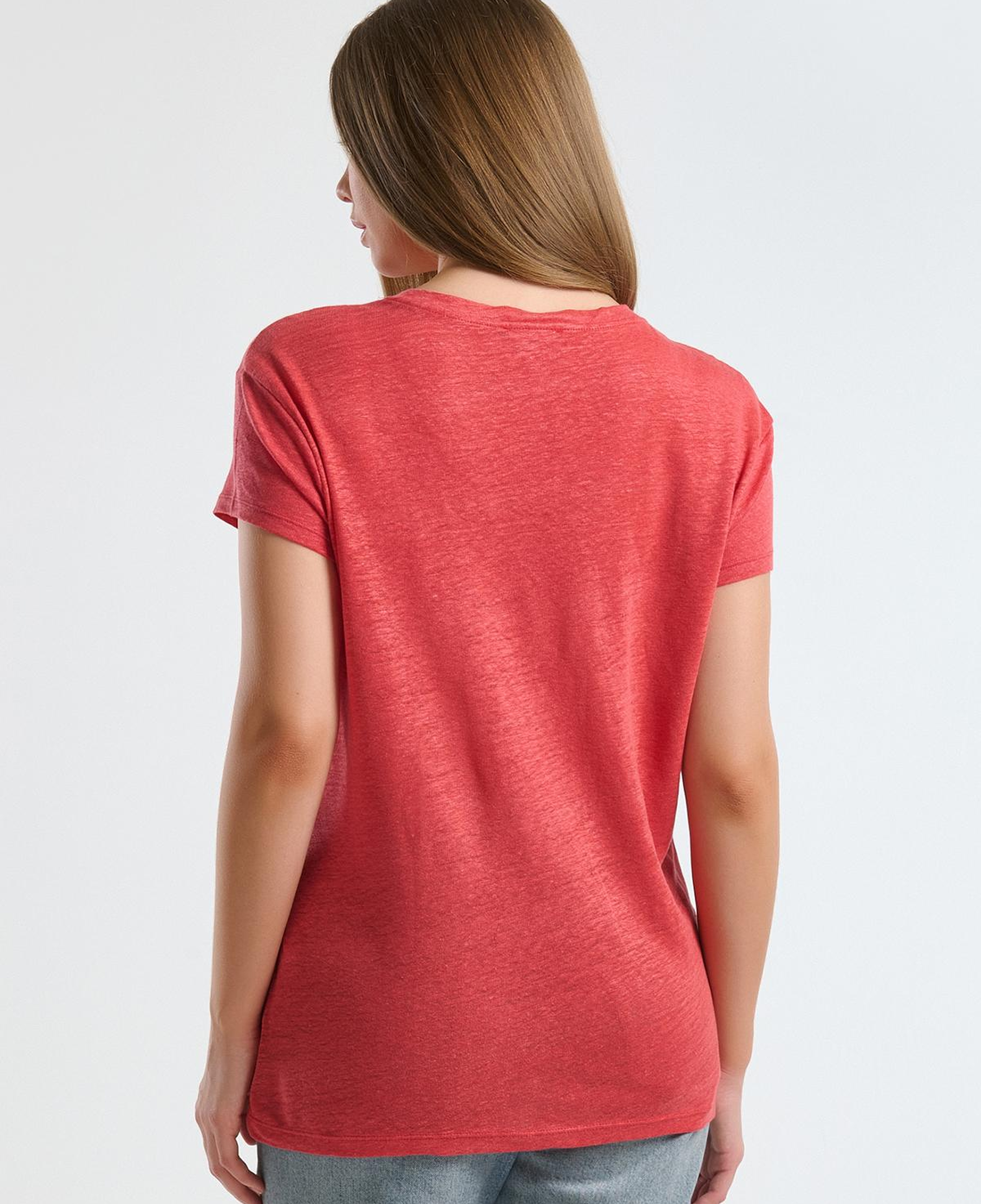 Kadın Mercan %100 Keten Düşük Omuzlu Relax Fit V Yaka T-Shirt
