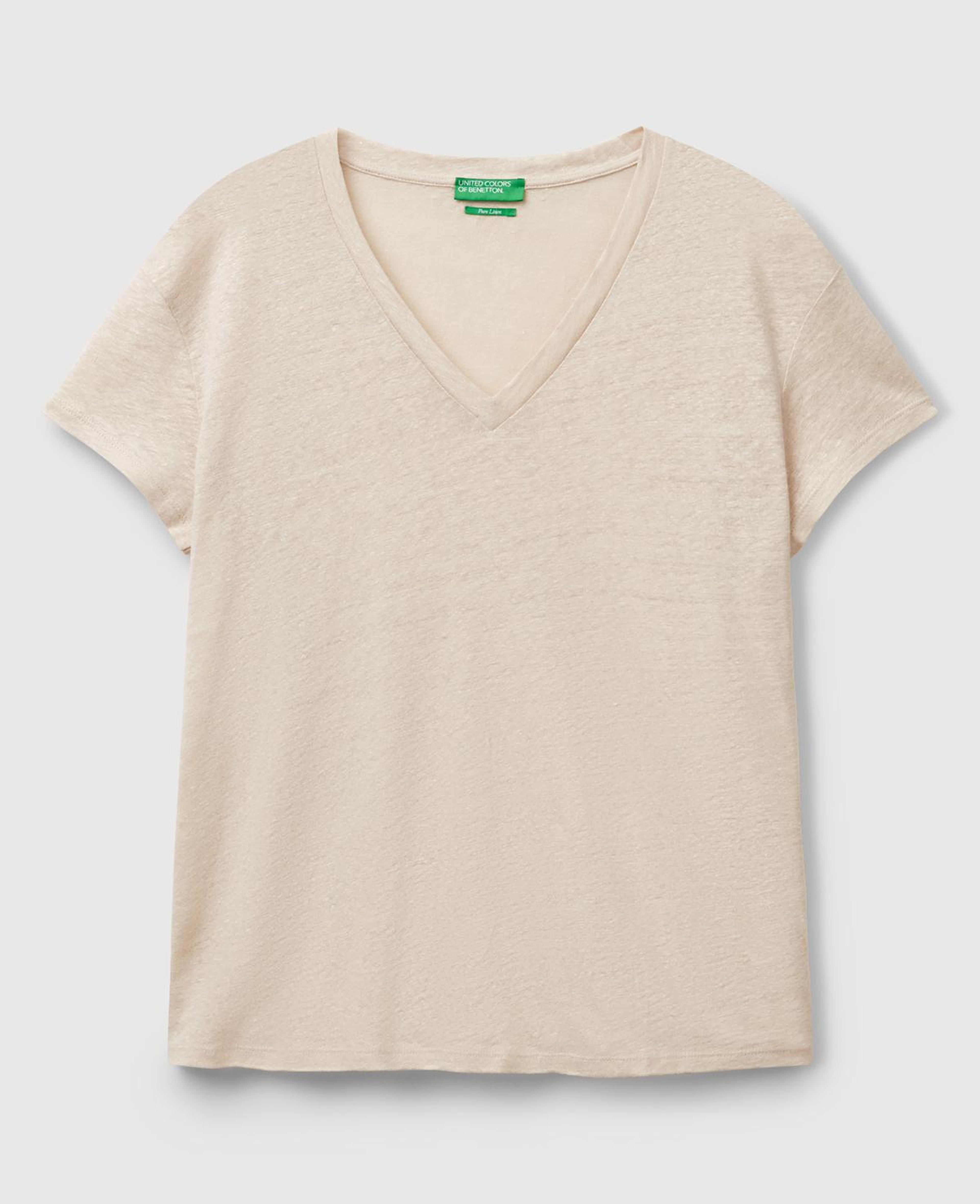 Kadın Taş Rengi %100 Keten Düşük Omuzlu Relax Fit V Yaka T-Shirt