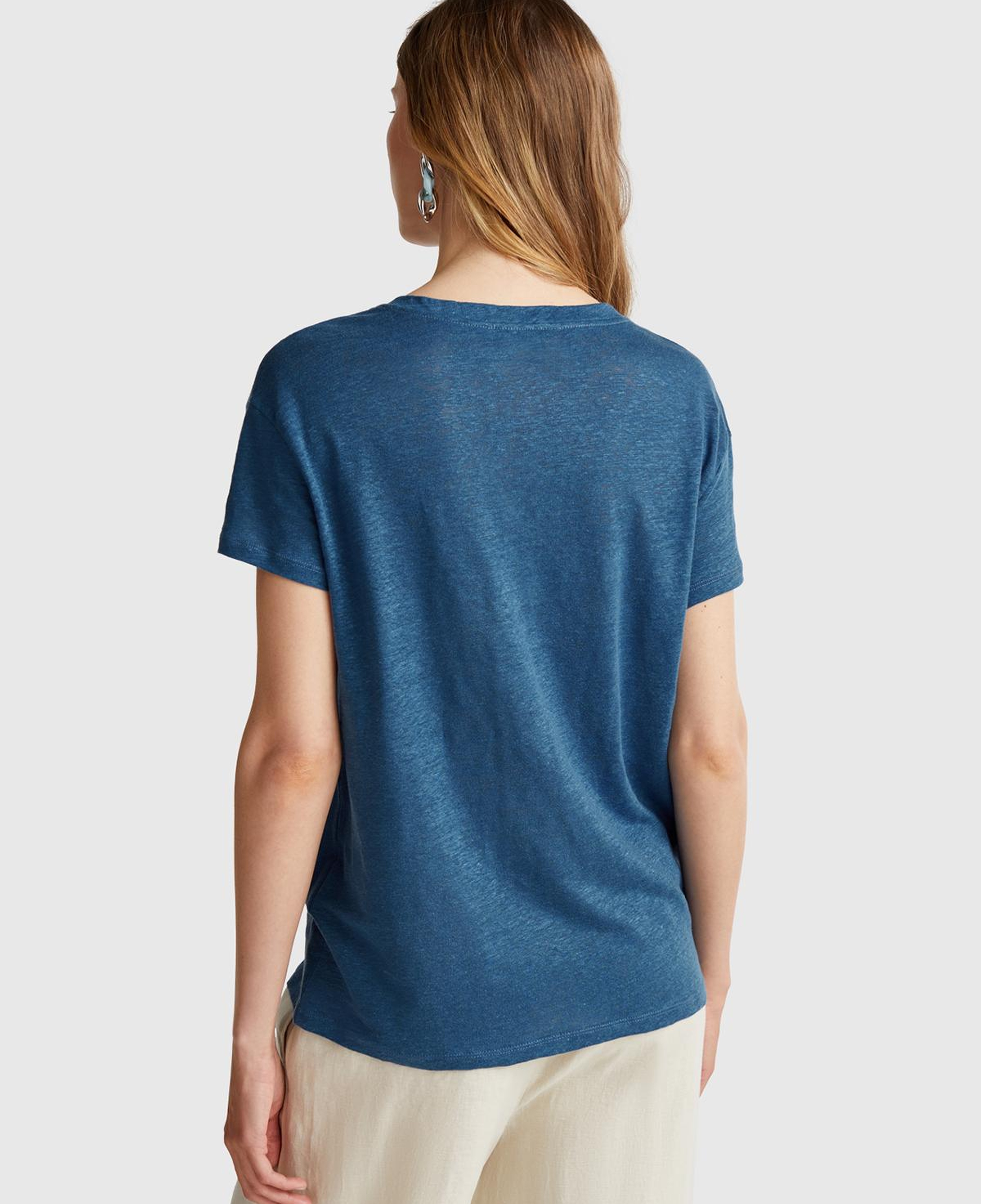 Kadın Denim %100 Keten Düşük Omuzlu Relax Fit V Yaka T-Shirt