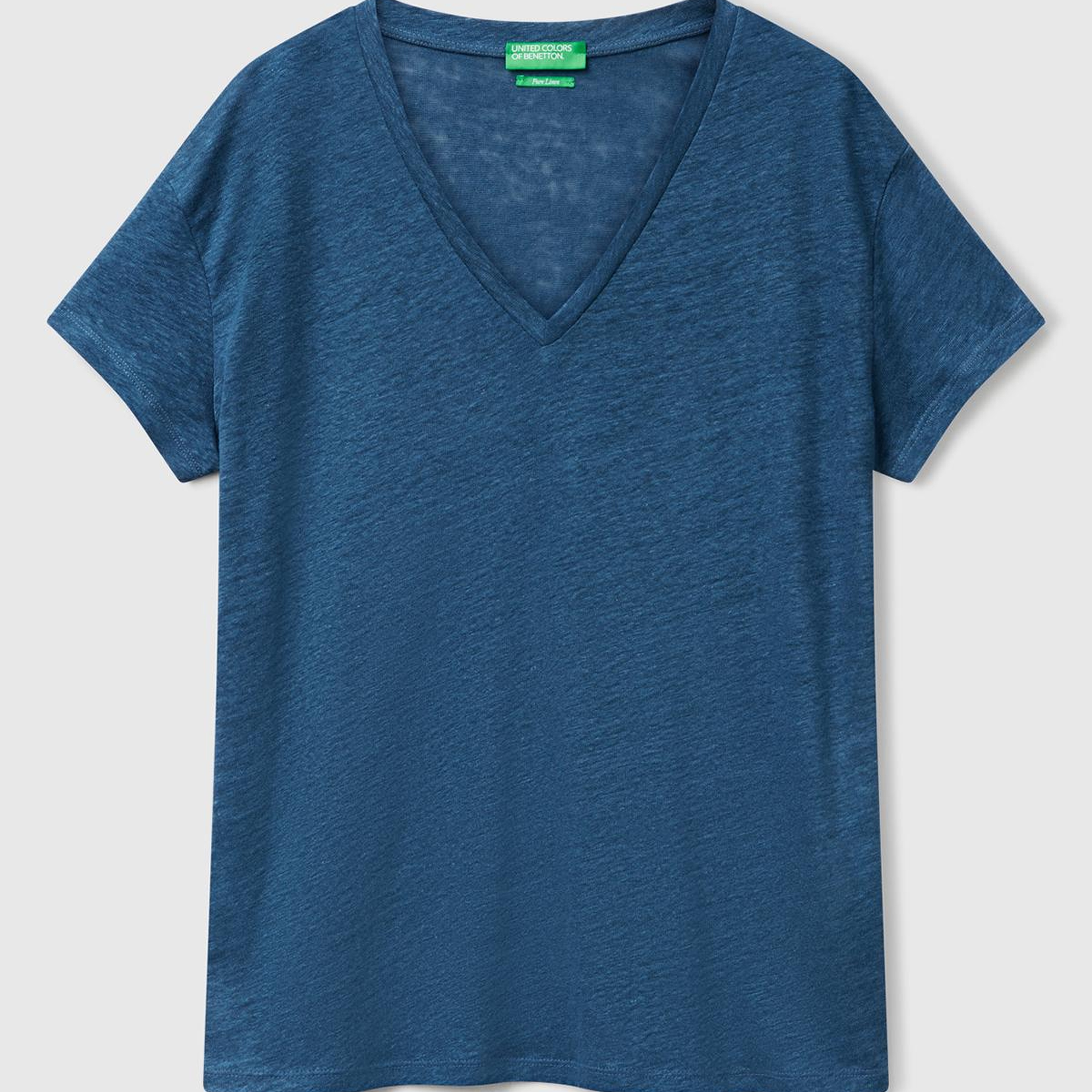 Kadın Denim %100 Keten Düşük Omuzlu Relax Fit V Yaka T-Shirt