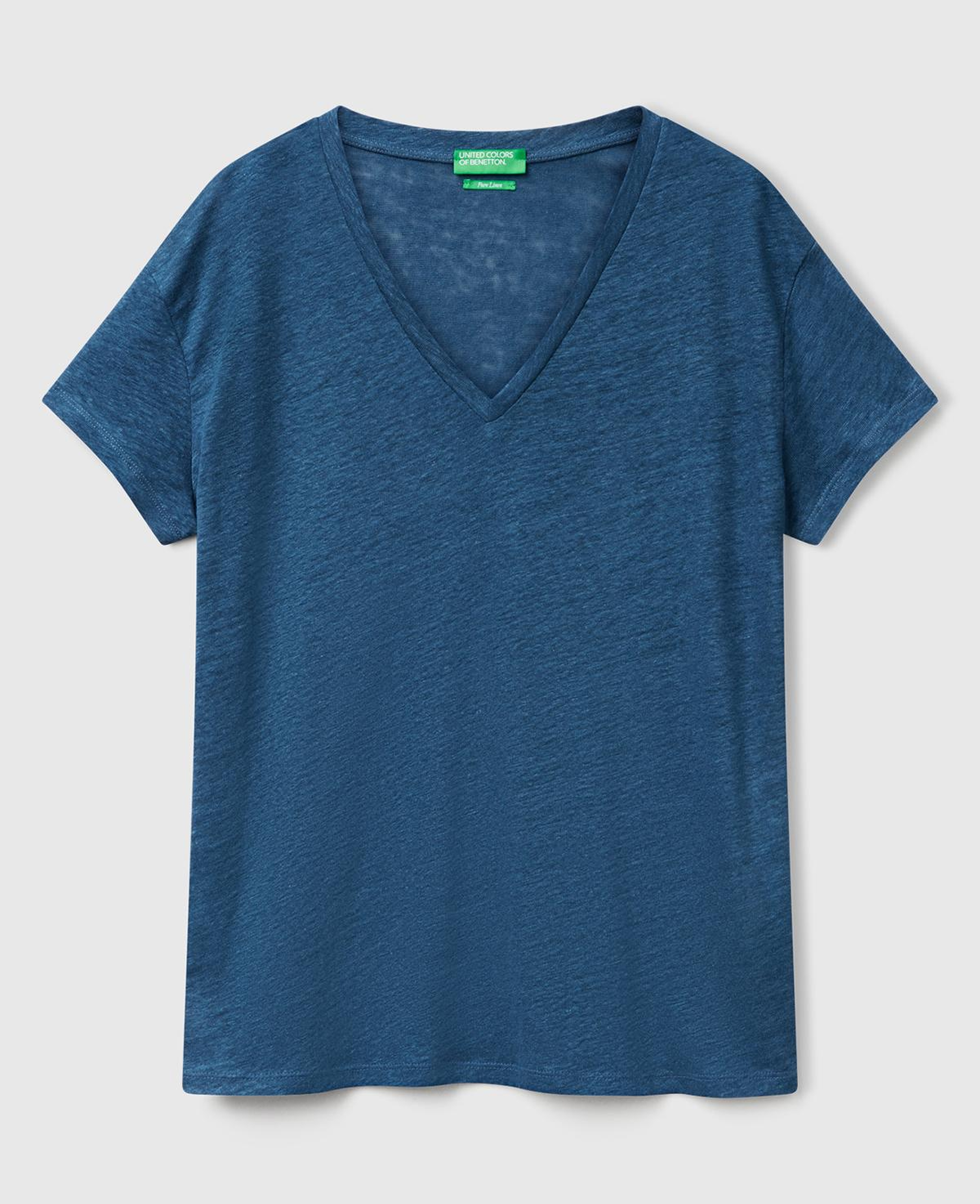 Kadın Denim %100 Keten Düşük Omuzlu Relax Fit V Yaka T-Shirt