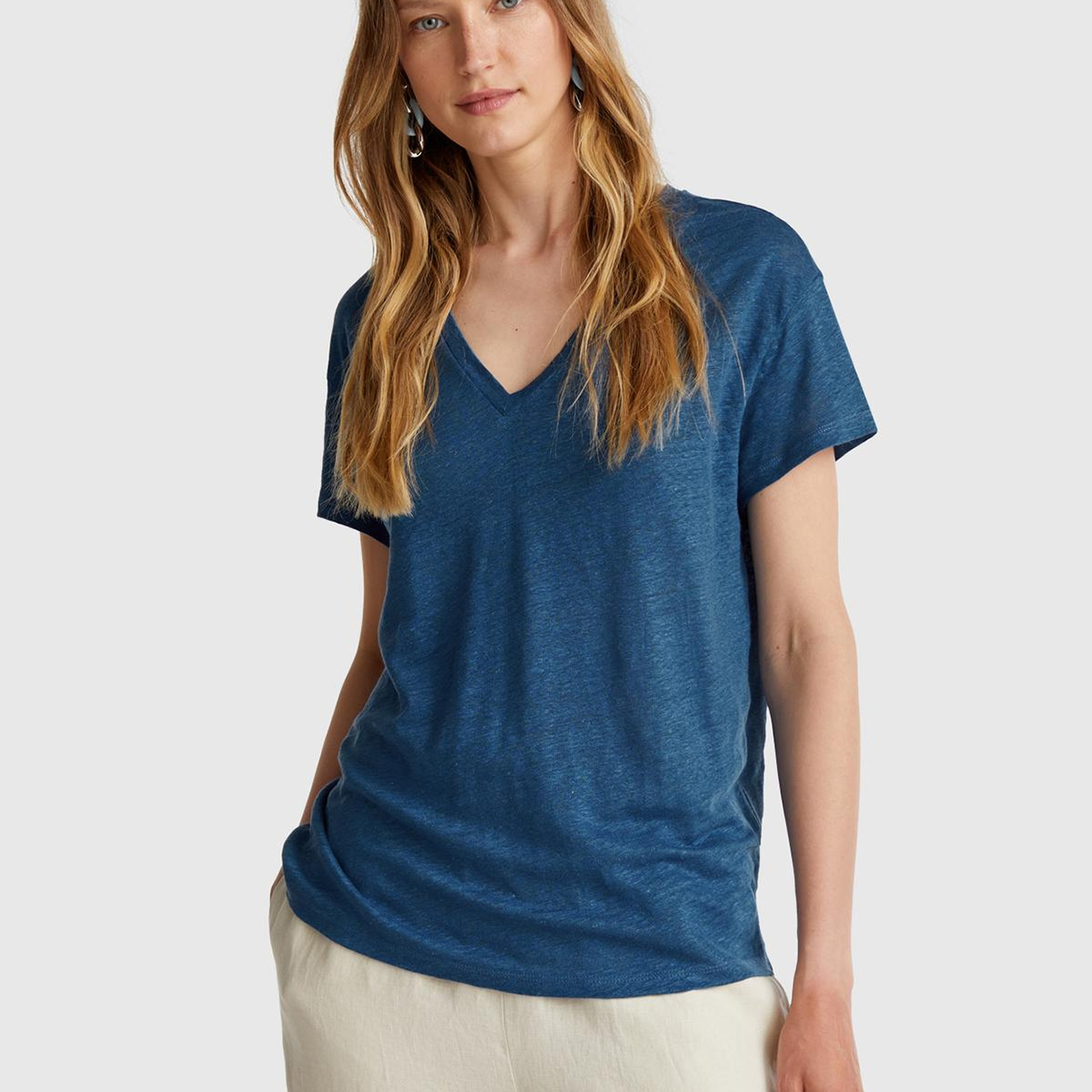 Kadın Denim %100 Keten Düşük Omuzlu Relax Fit V Yaka T-Shirt